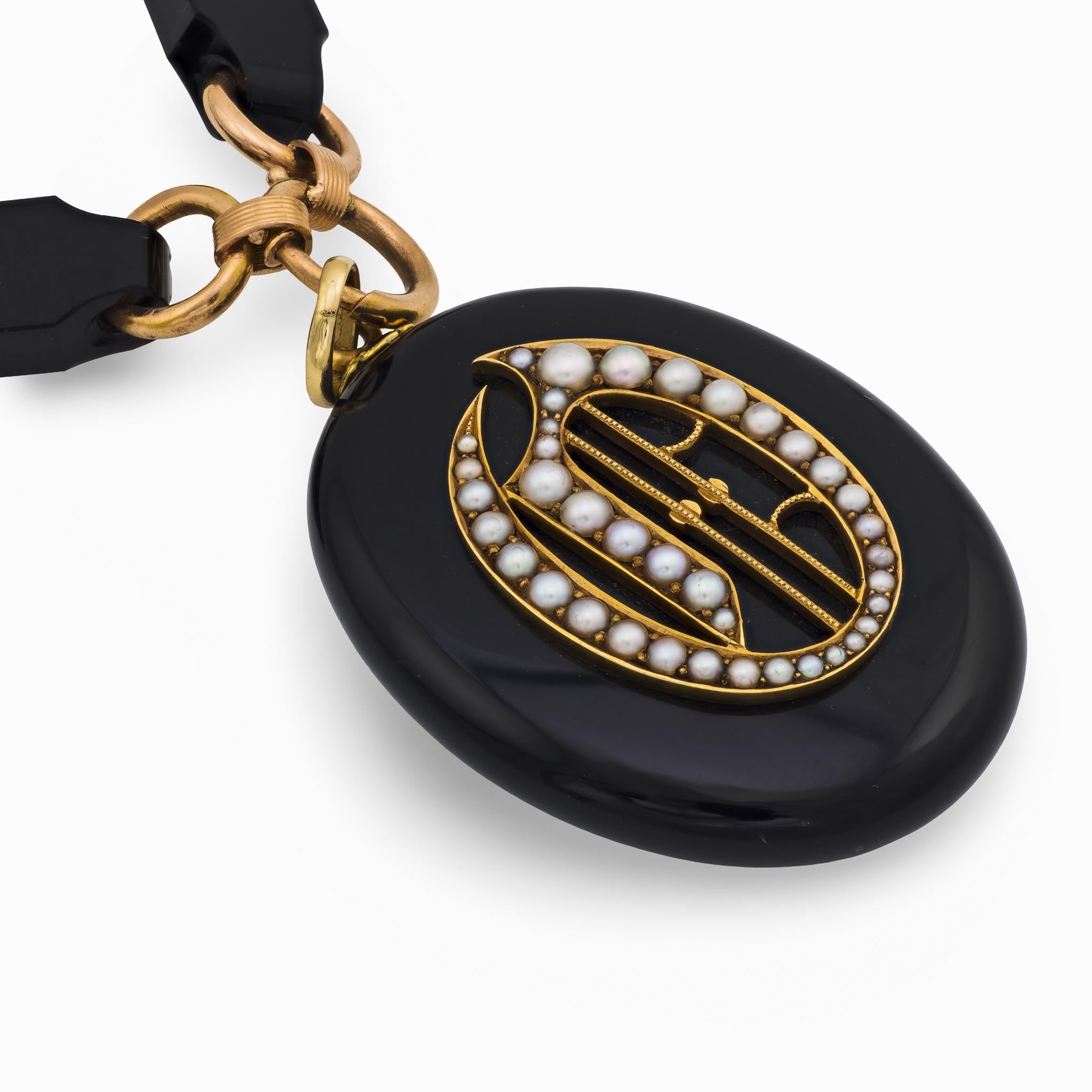 Victorian 14k Jet & Pearl Locket Pendant Necklace