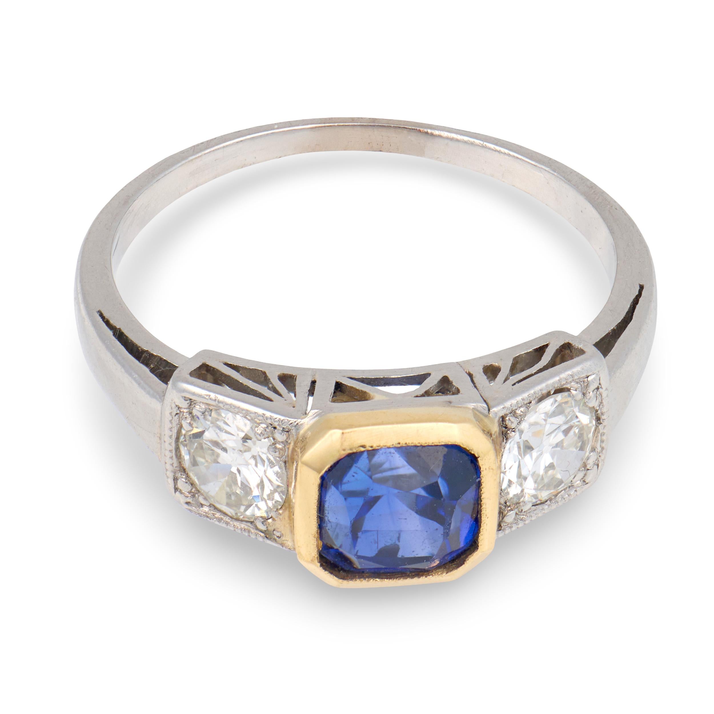 Edwardian 18k/Platinum Sapphire & Diamond Three Stone Ring
