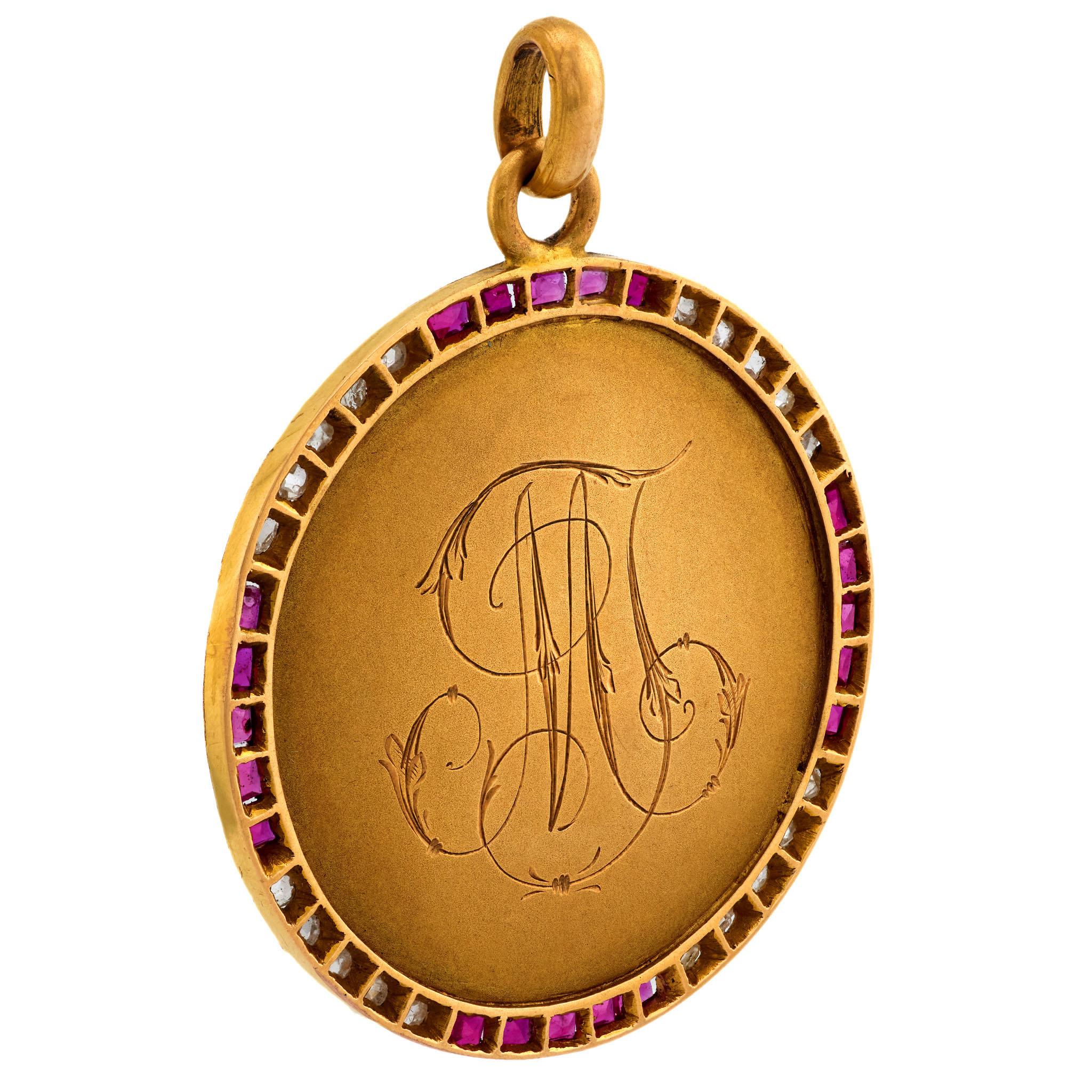Art Nouveau French 18k Ruby & Diamond Repousse Pendant