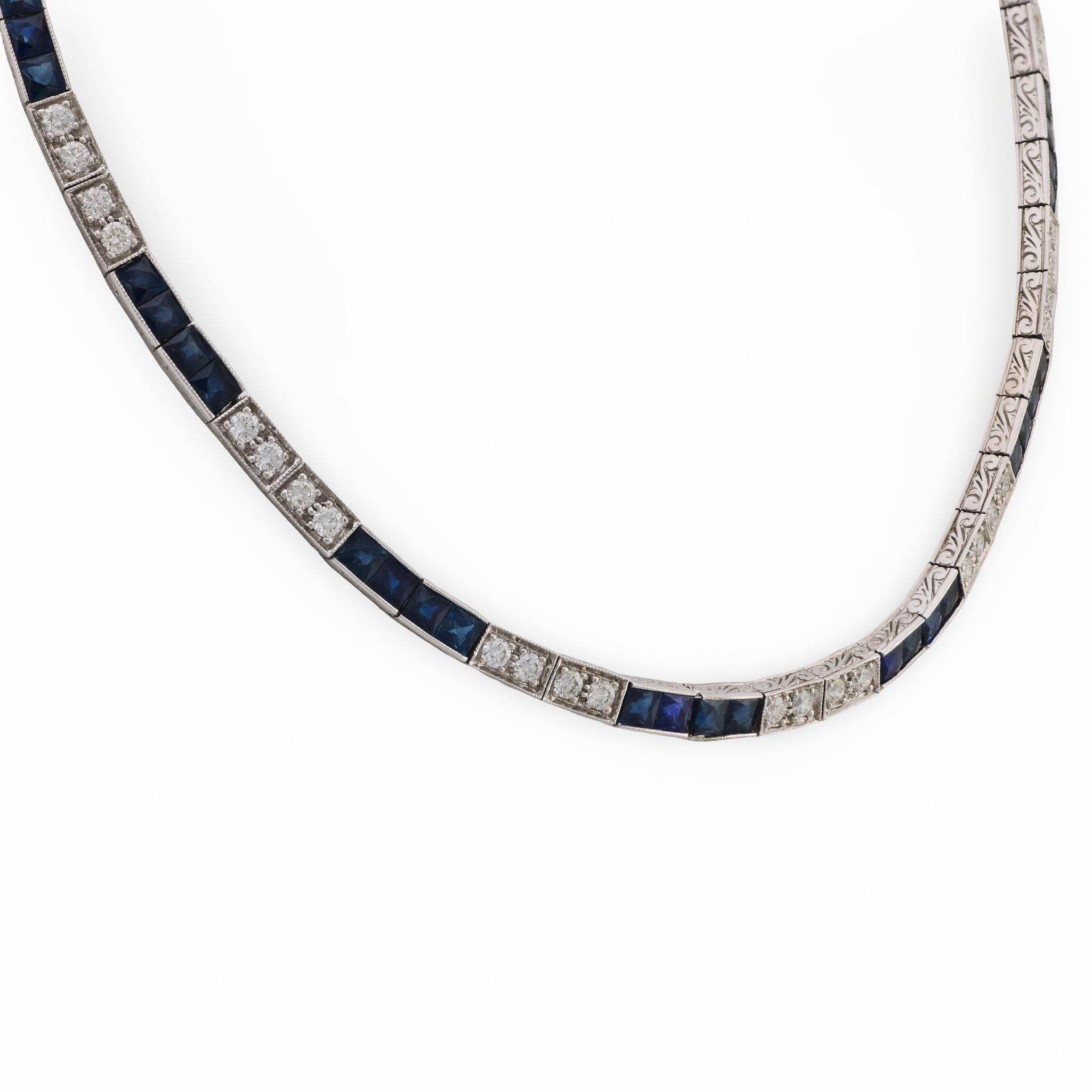 Art Deco 14k Diamond & Sapphire Tennis Necklace