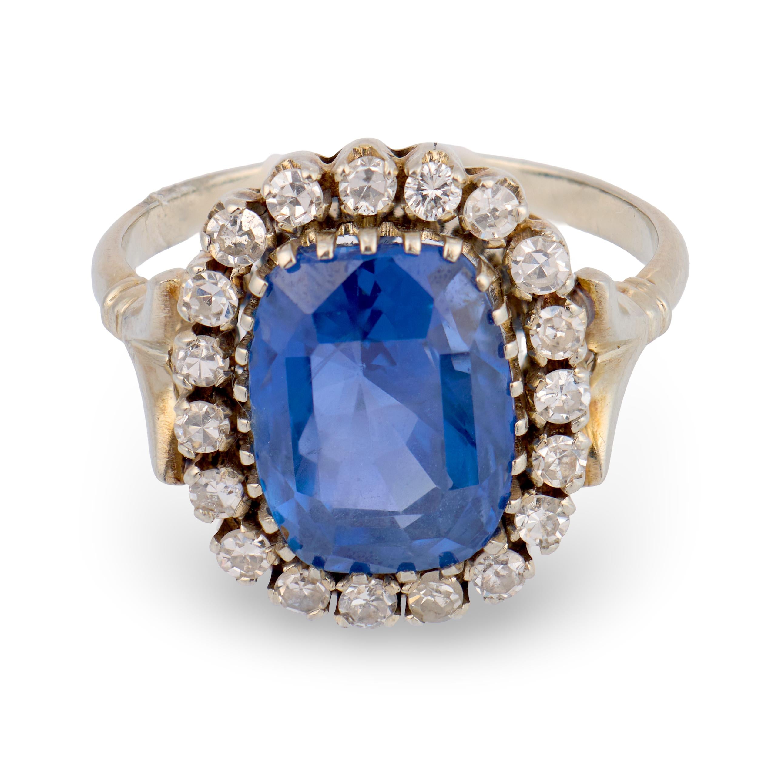 Edwardian 18k GIA No Heat Ceylon Sapphire & Diamond Halo Ring
