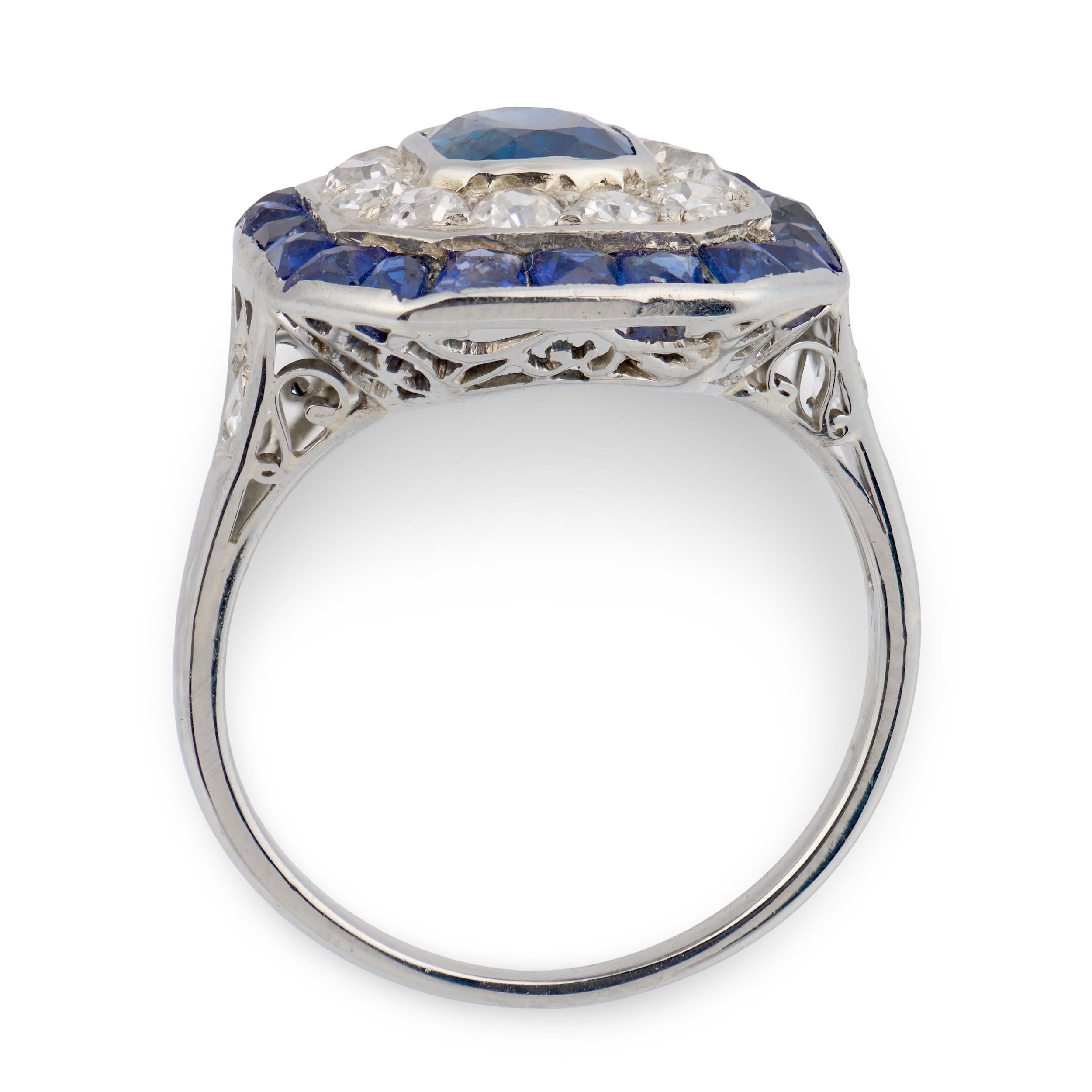 Edwardian French Platinum Sapphire & Diamond Halo Ring