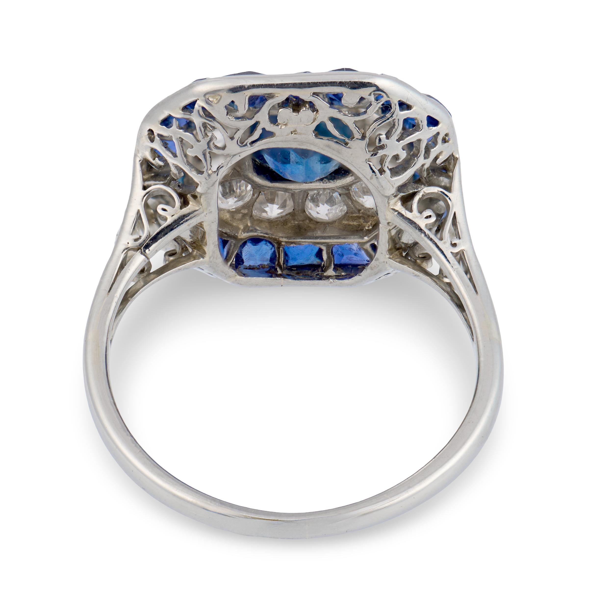 Edwardian French Platinum Sapphire & Diamond Halo Ring