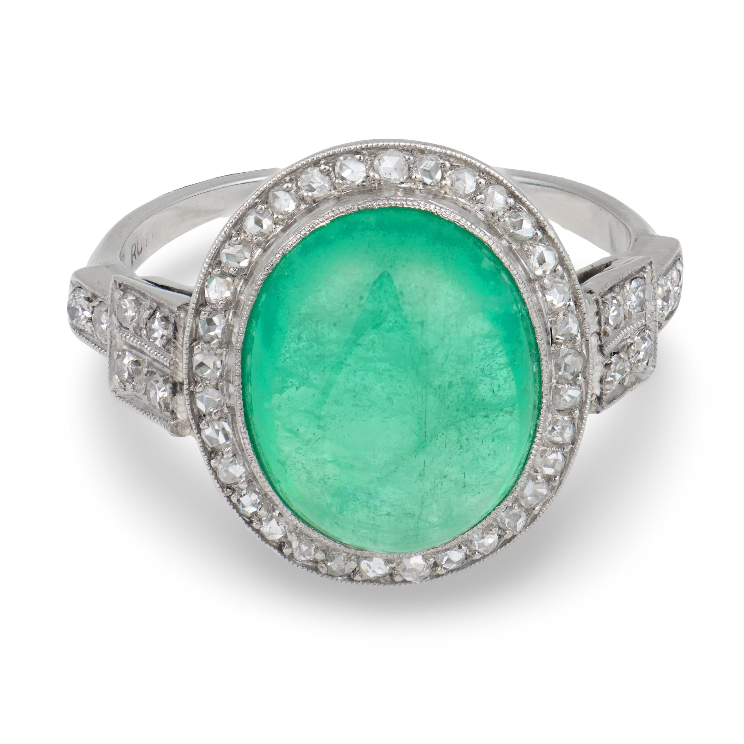 Art Deco Platinum Emerald & Diamond Halo Ring