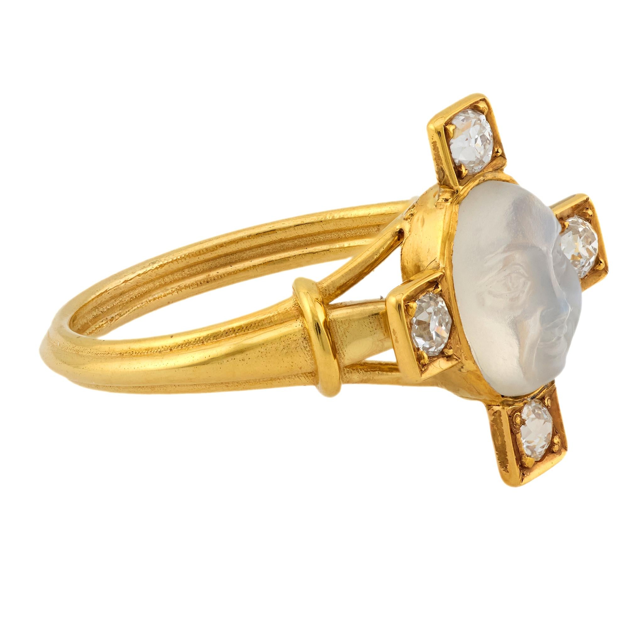 Edwardian 14k "Man In The Moon" Moonstone and Diamond Ring