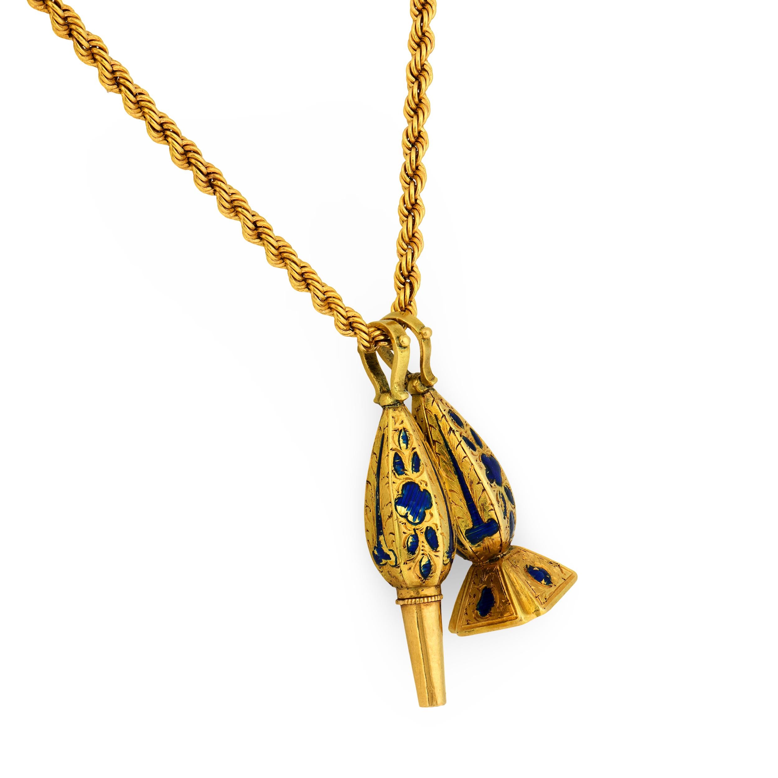 Georgian 18k/14k Enamel Fob Pendant Necklace