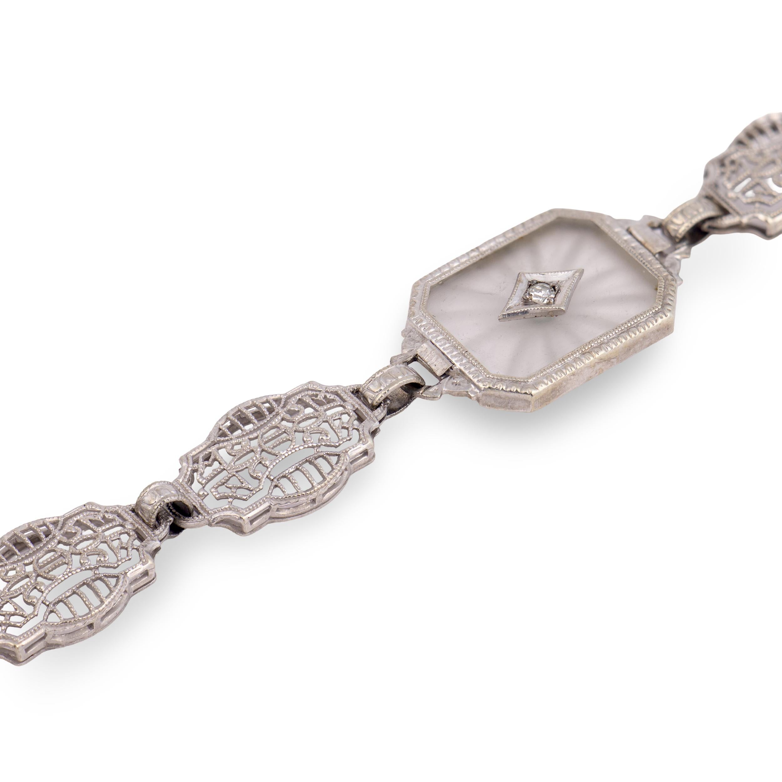 Art Deco 14k Rock Quartz Crystal & Diamond Belly Line Bracelet