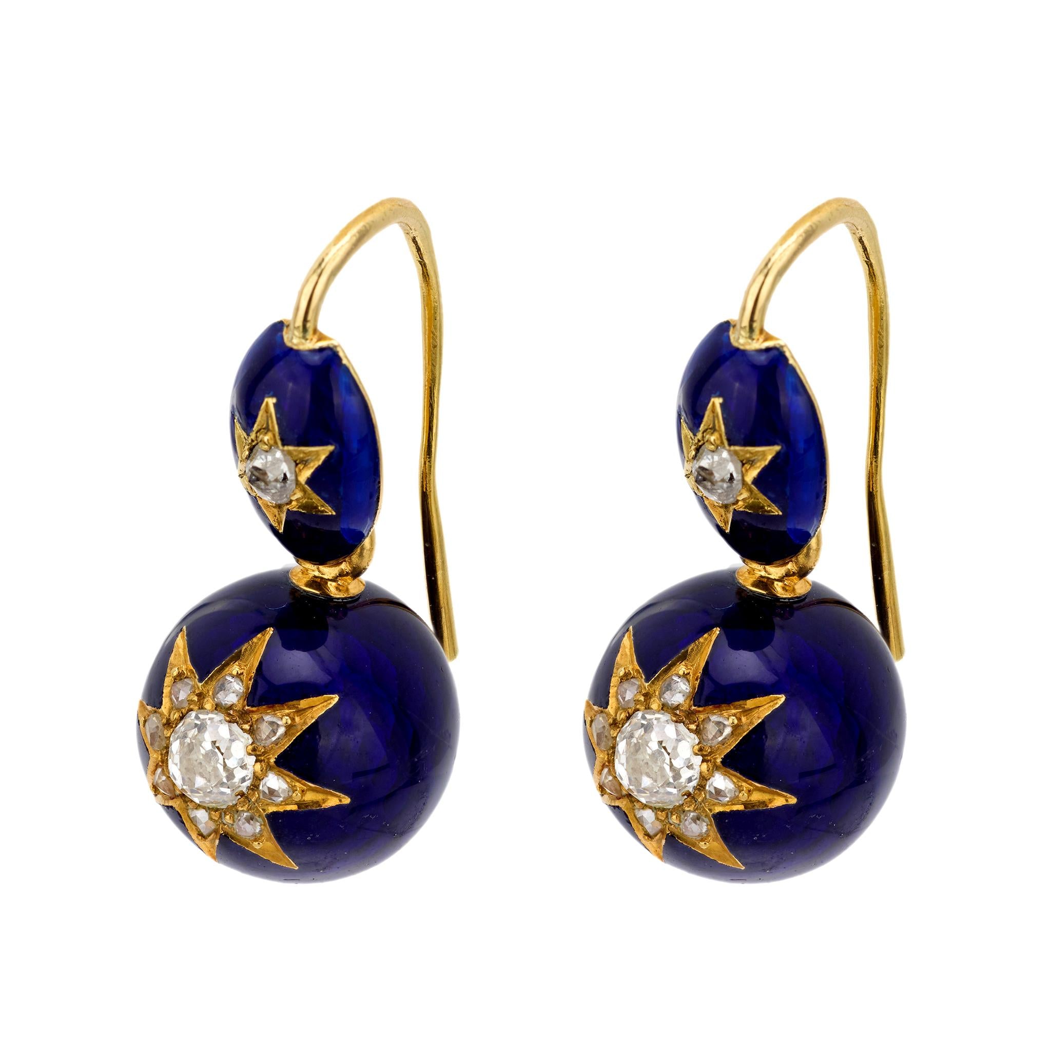 Victorian 14k Diamond and Enamel Star Motif Drop Earrings