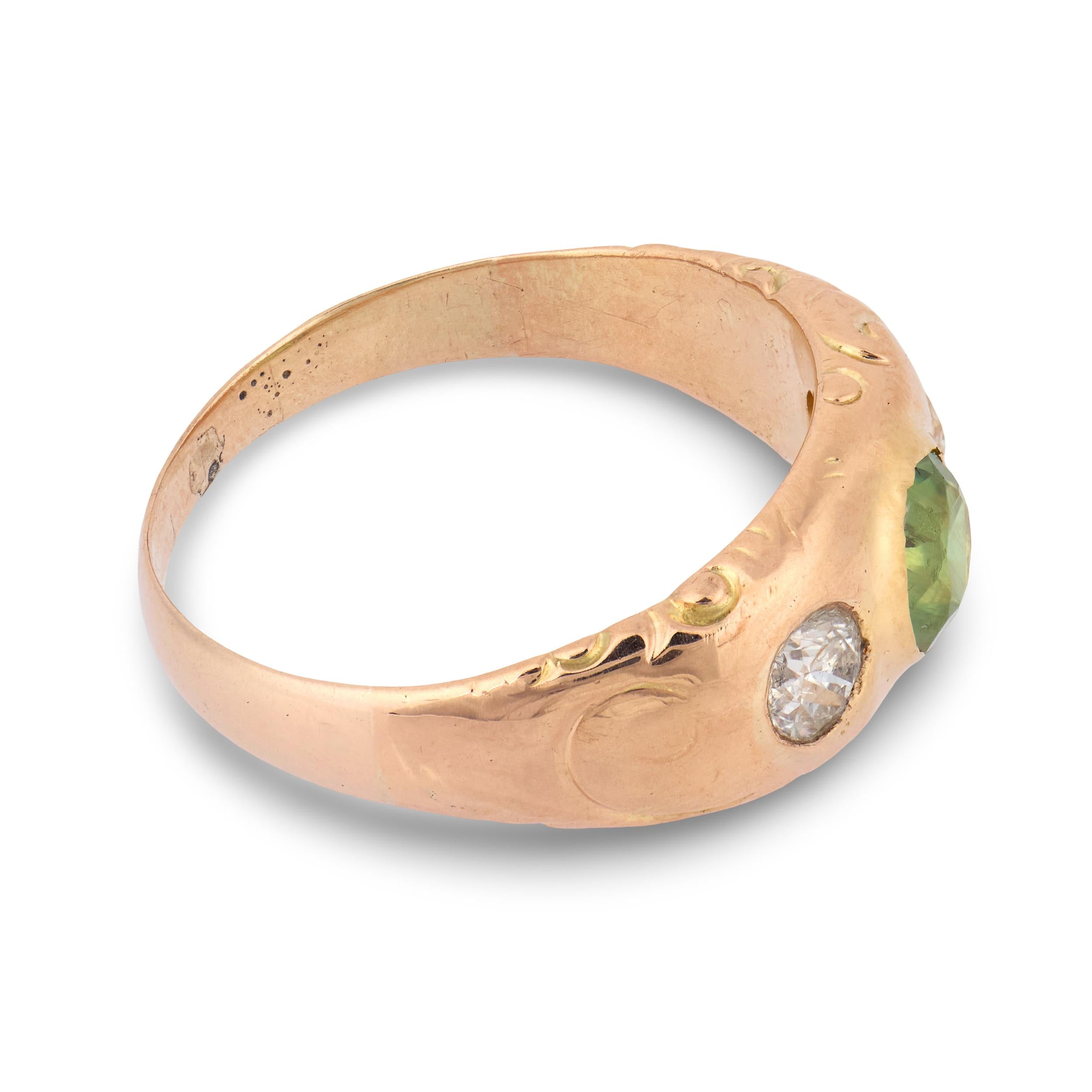 Art Nouveau 14k Demantoid Garnet & Diamond Three Stone Ring