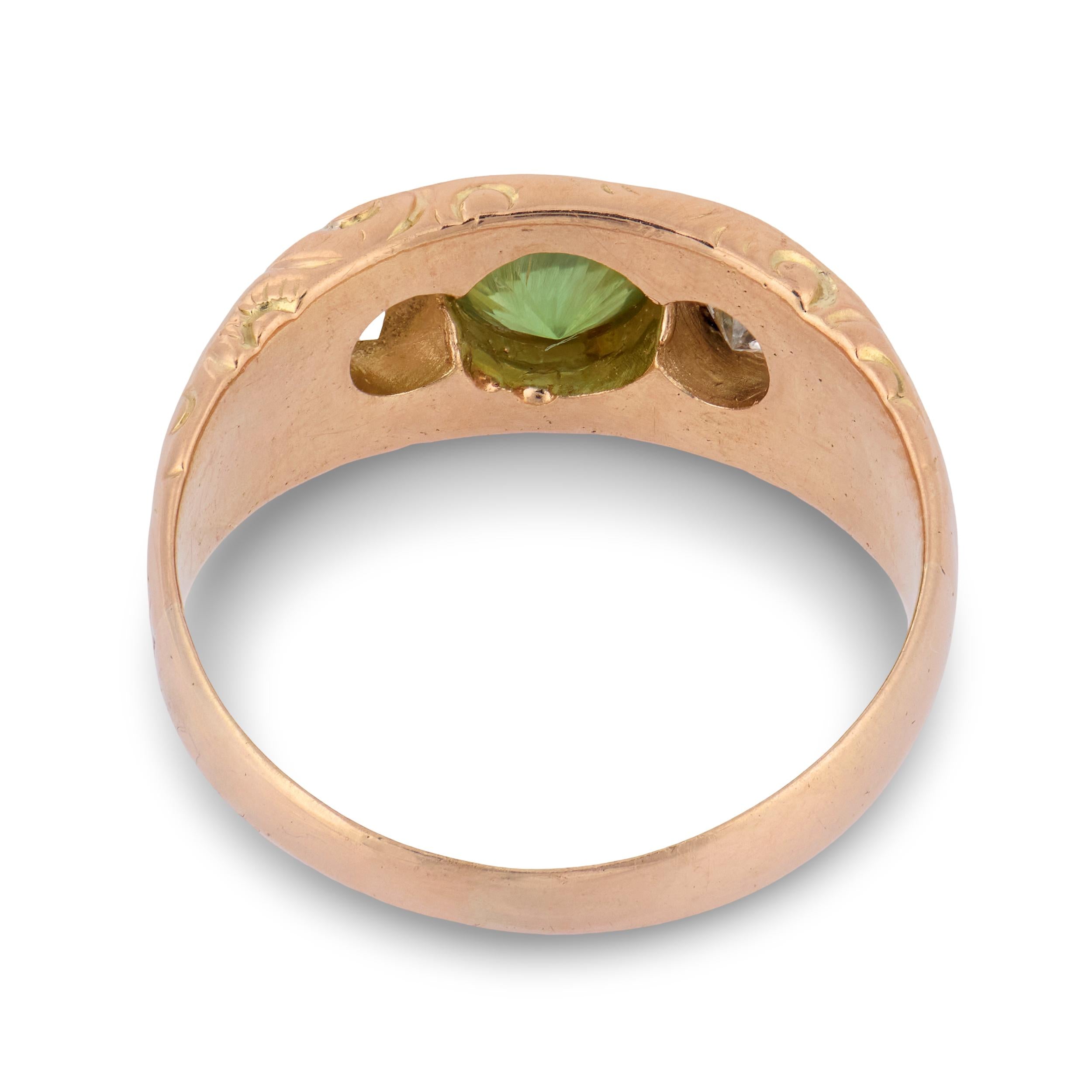 Art Nouveau 14k Demantoid Garnet & Diamond Three Stone Ring