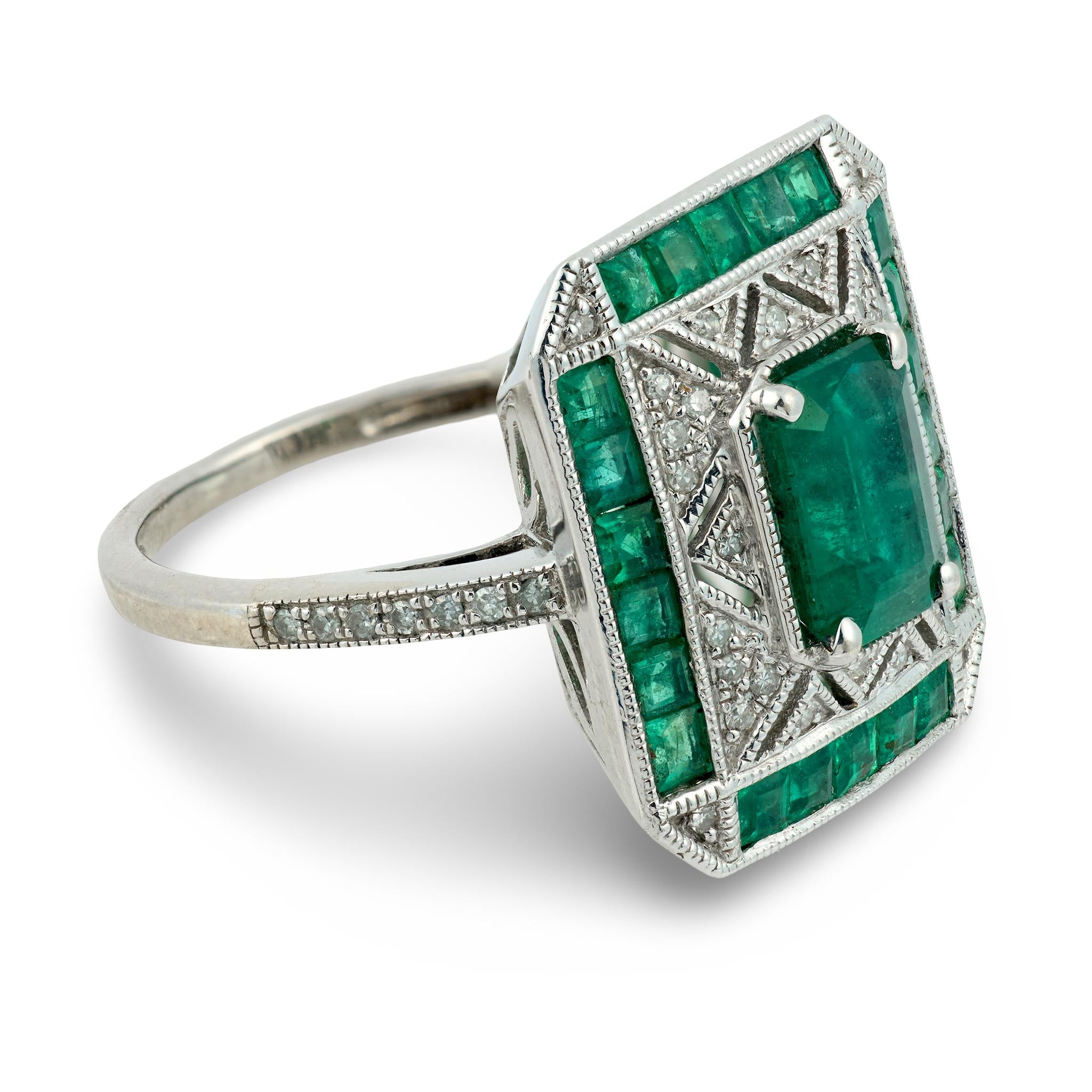"Art Deco" Platinum Emerald & Diamond Ring