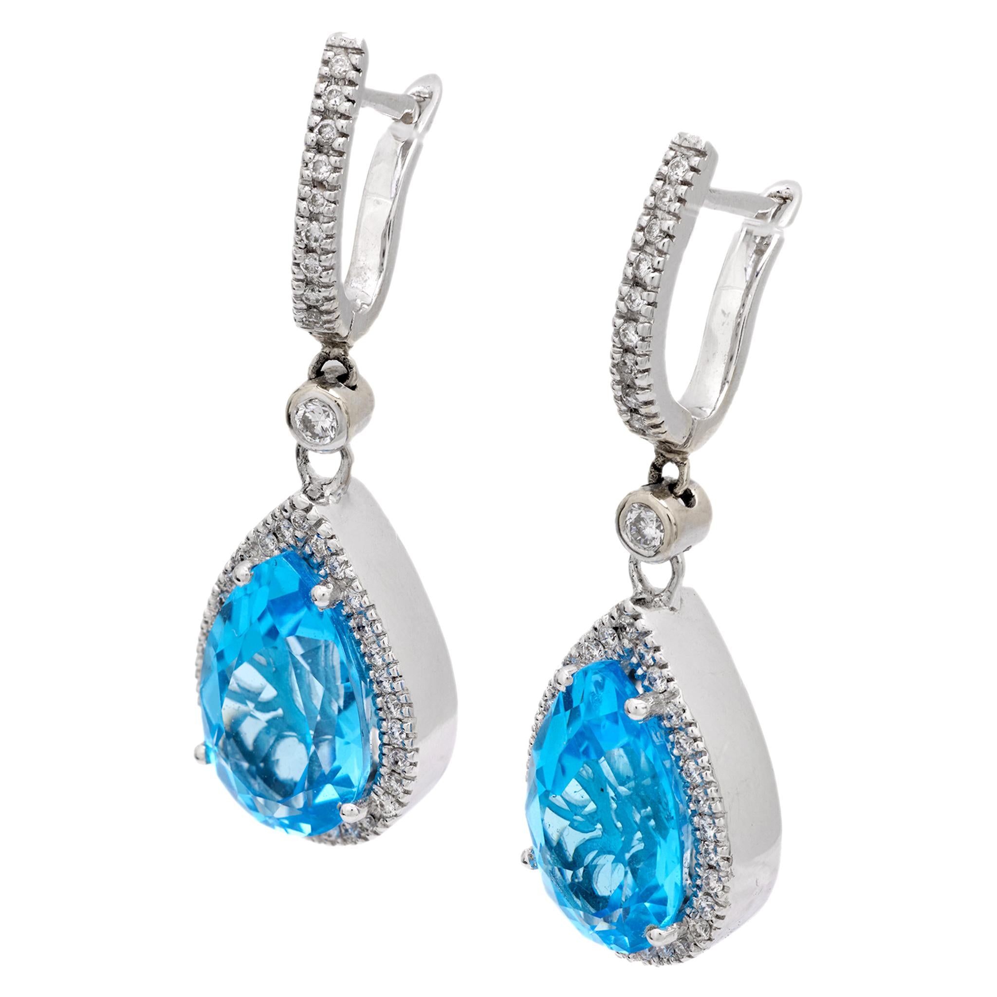 Estate 18k Blue Topaz and Diamond Drop Earrings