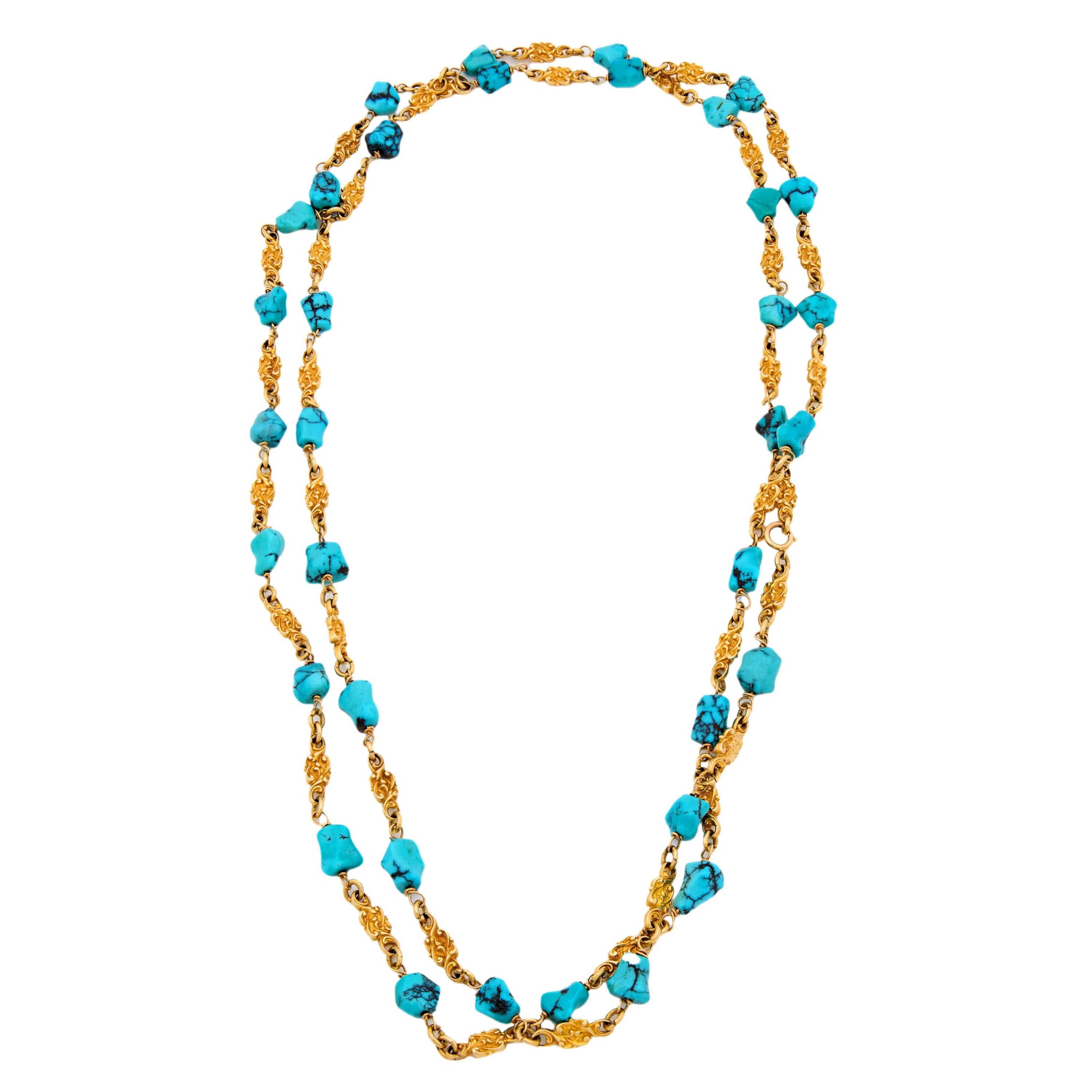 Victorian 14k Turquoise Nugget Chain Necklace