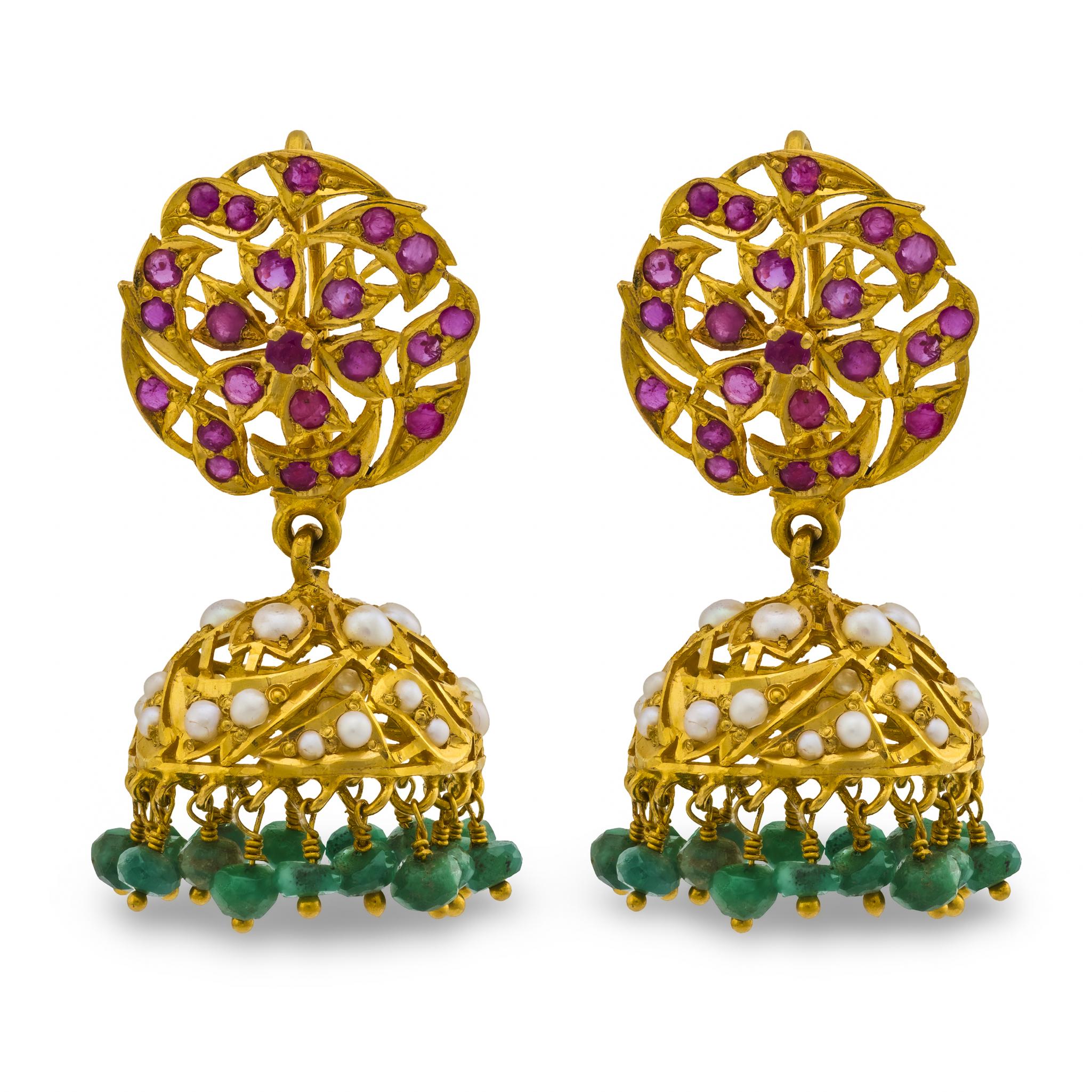 Estate 18k Ruby, Pearl, & Emerald Chandelier Earrings