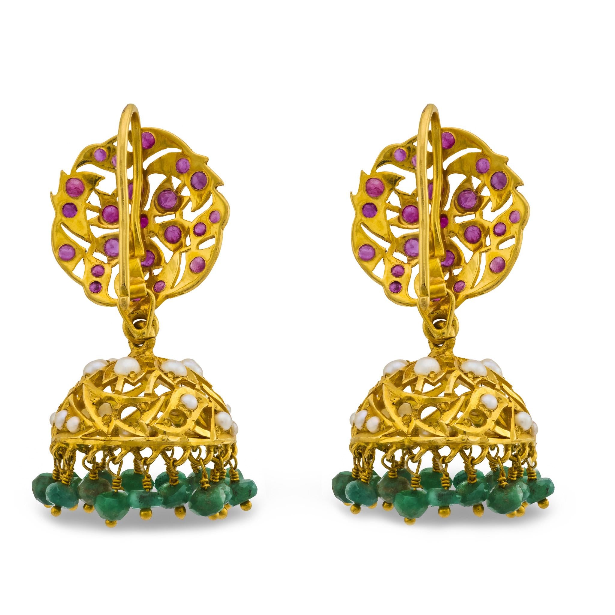 Estate 18k Ruby, Pearl, & Emerald Chandelier Earrings