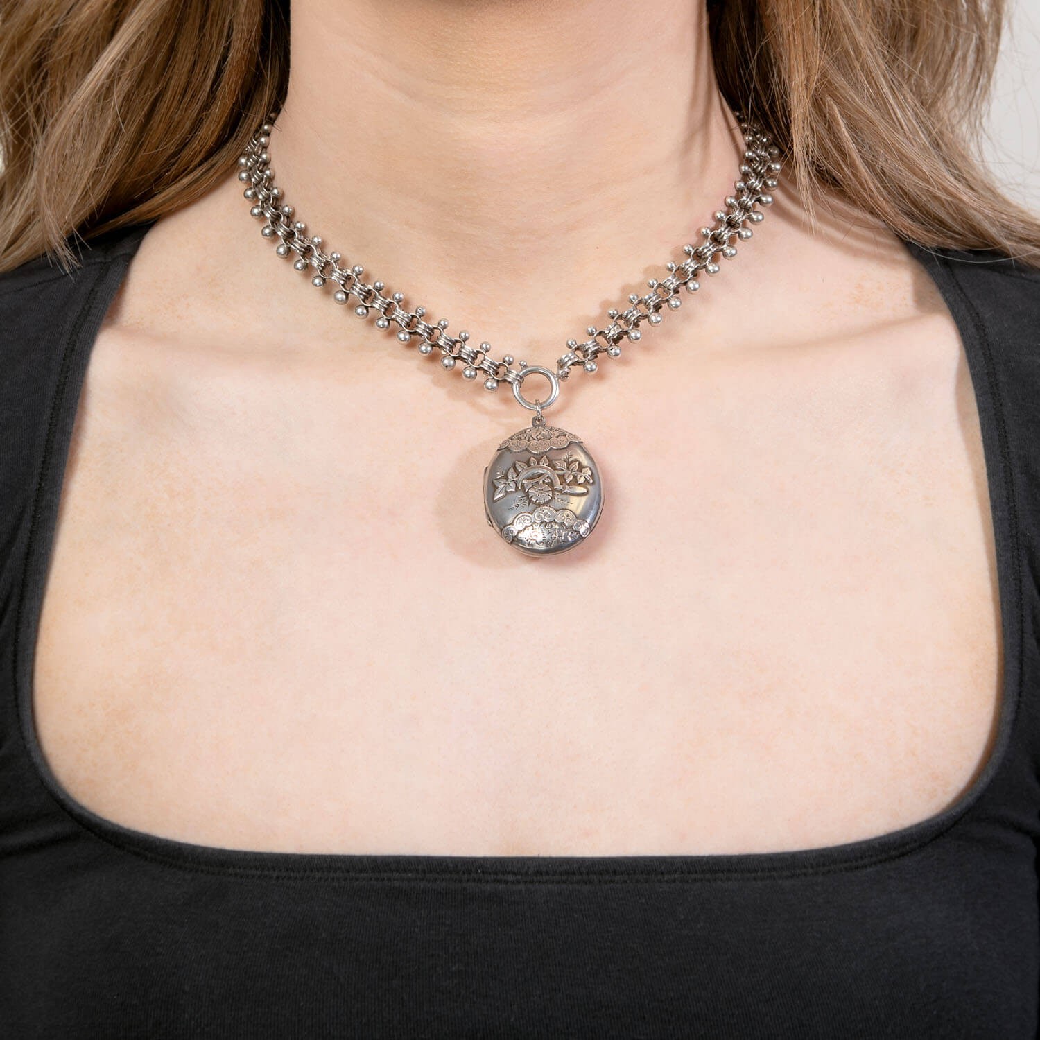 Victorian English Sterling Silver Book Chain Locket Necklace