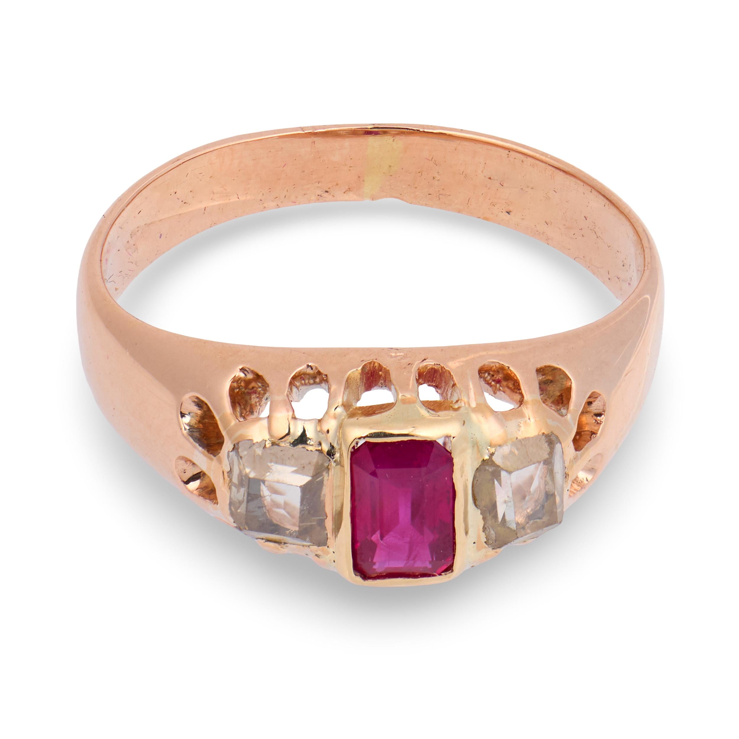 Victorian 14k Ruby & Diamond Three Stone Ring