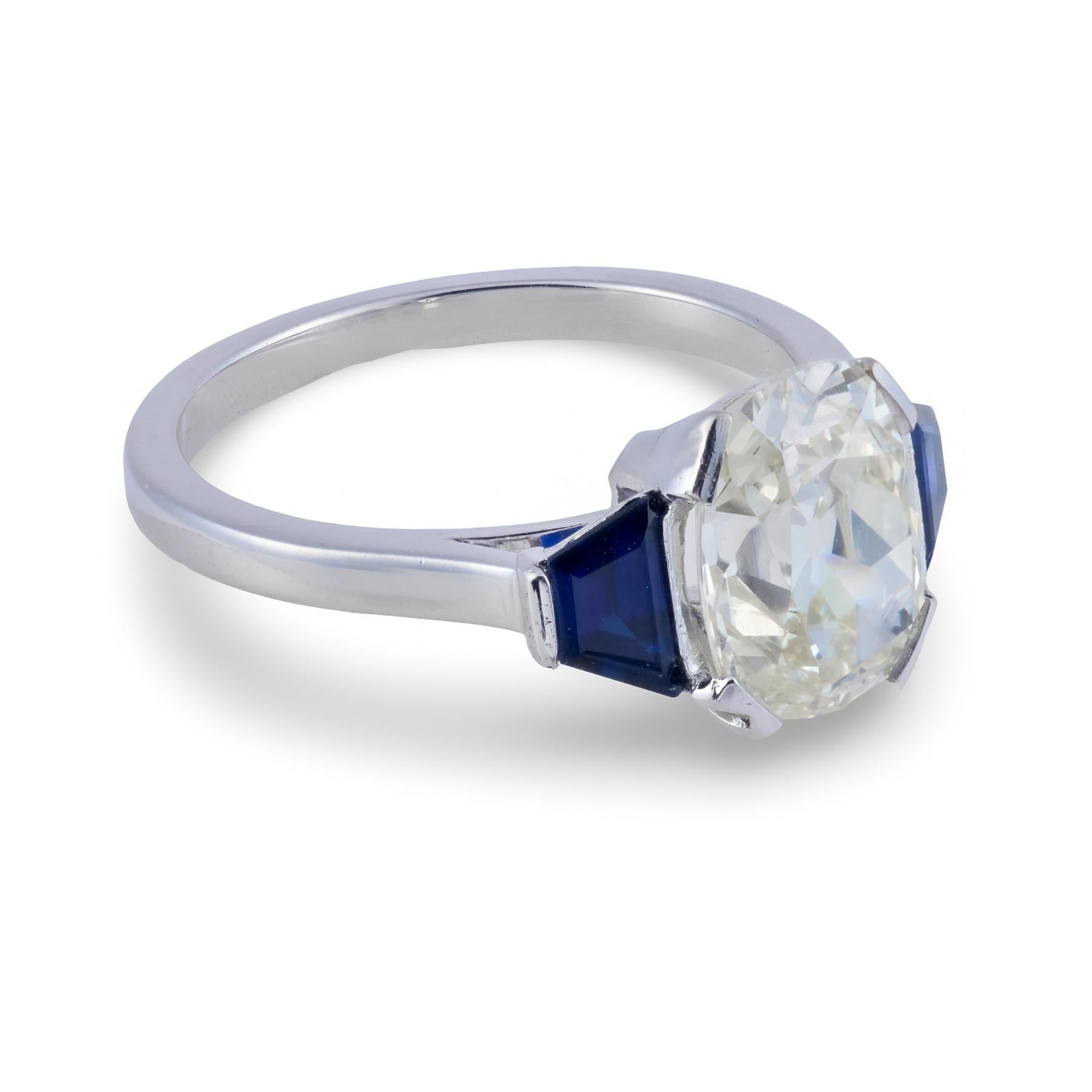 Retro French Platinum GIA Diamond & Sapphire Engagement Ring 2.50ct