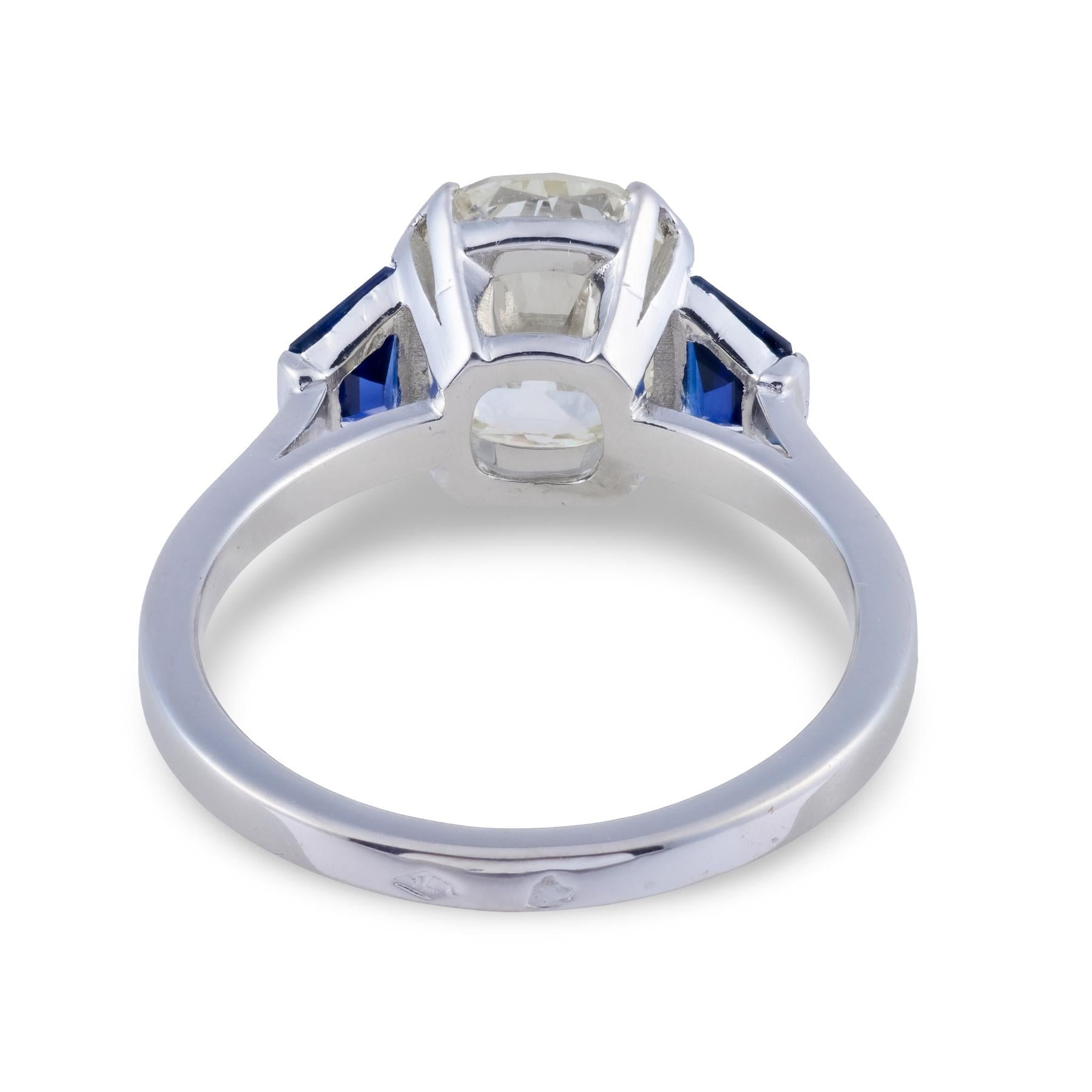 Retro French Platinum GIA Diamond & Sapphire Engagement Ring 2.50ct