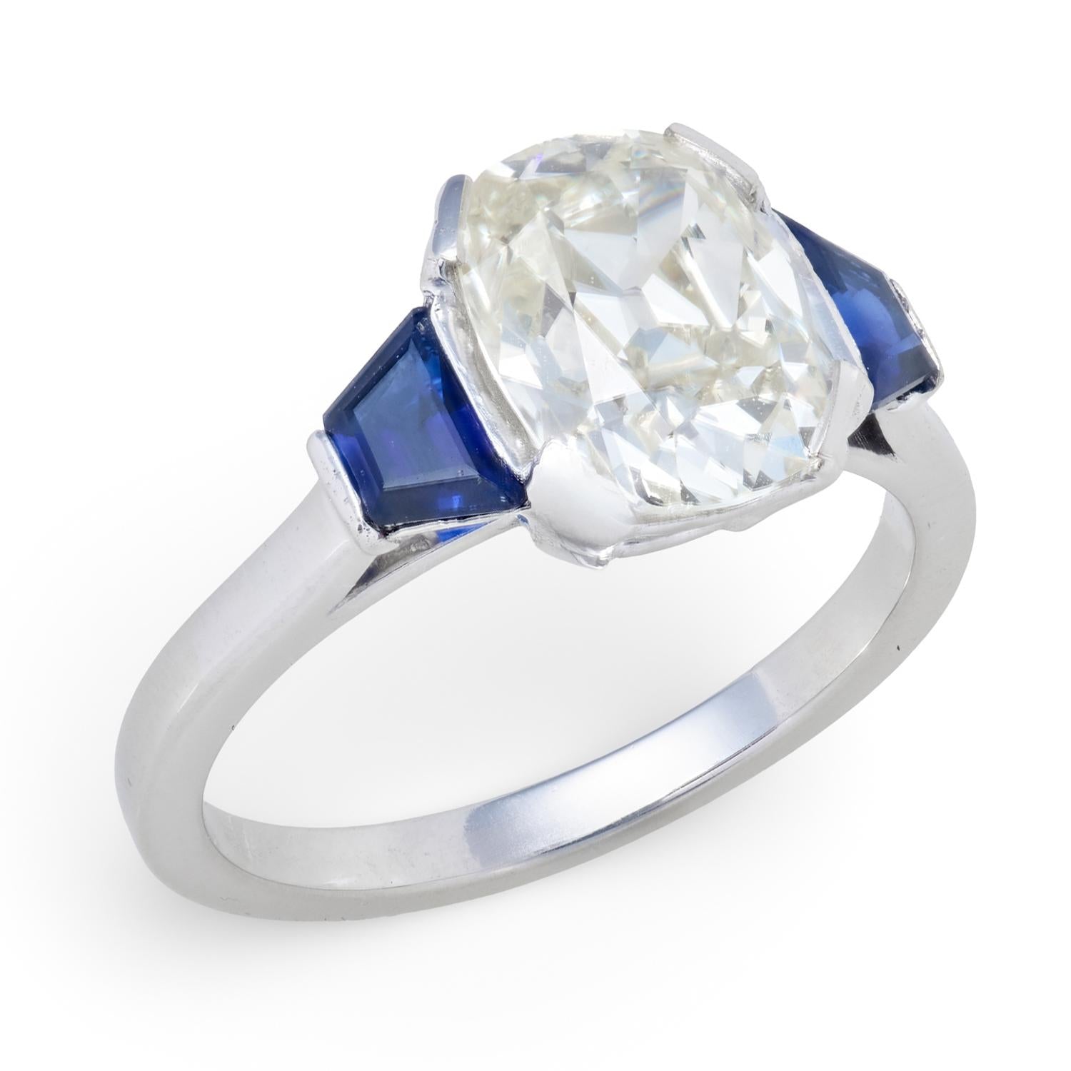 Retro French Platinum GIA Diamond & Sapphire Engagement Ring 2.50ct