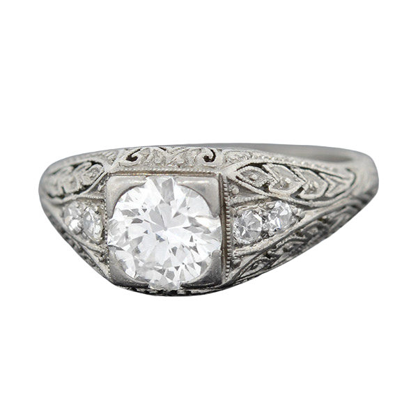 Art Deco Platinum & Diamond Engagement Ring .88ct
