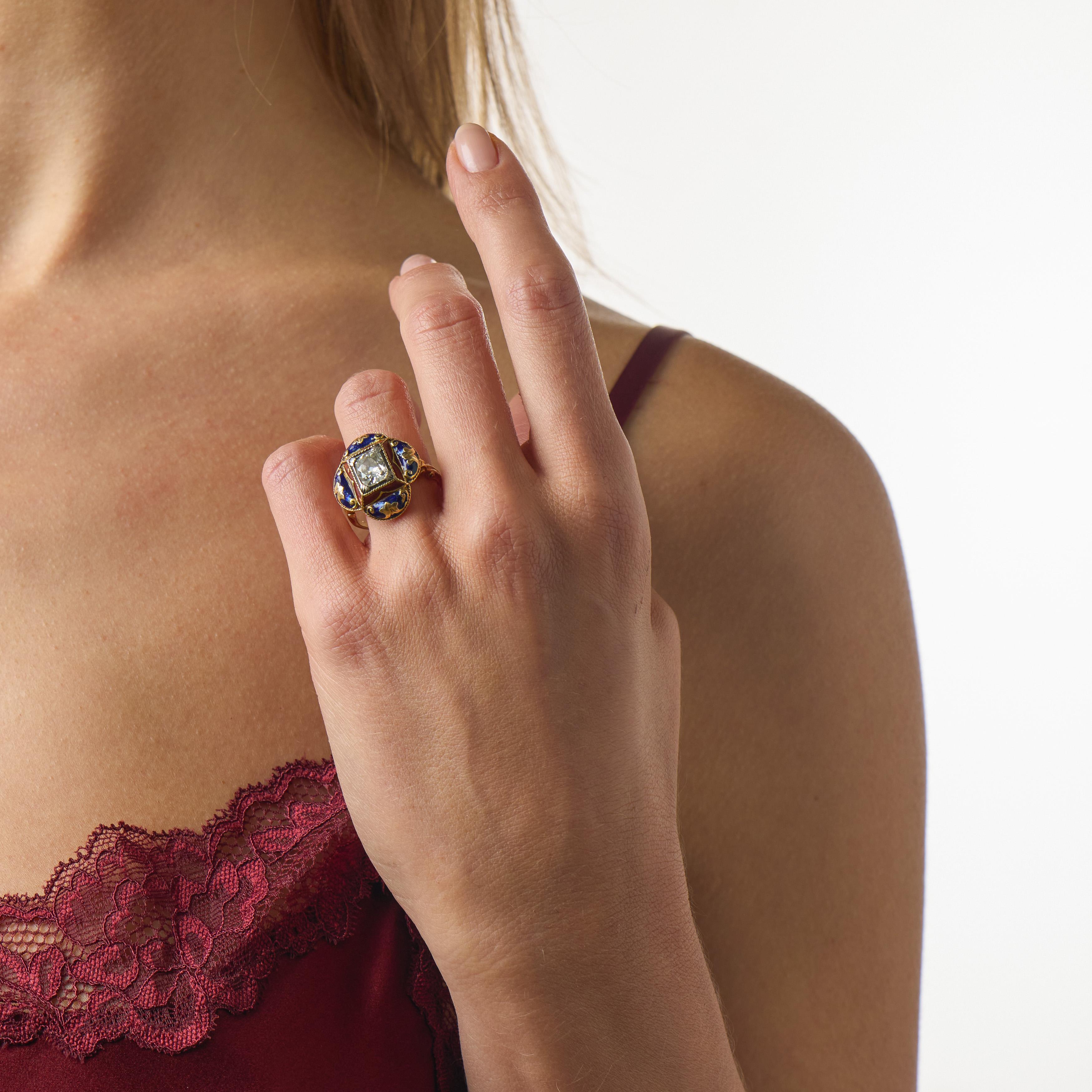 Victorian 14k Diamond & Enamel Clover-Motif Ring