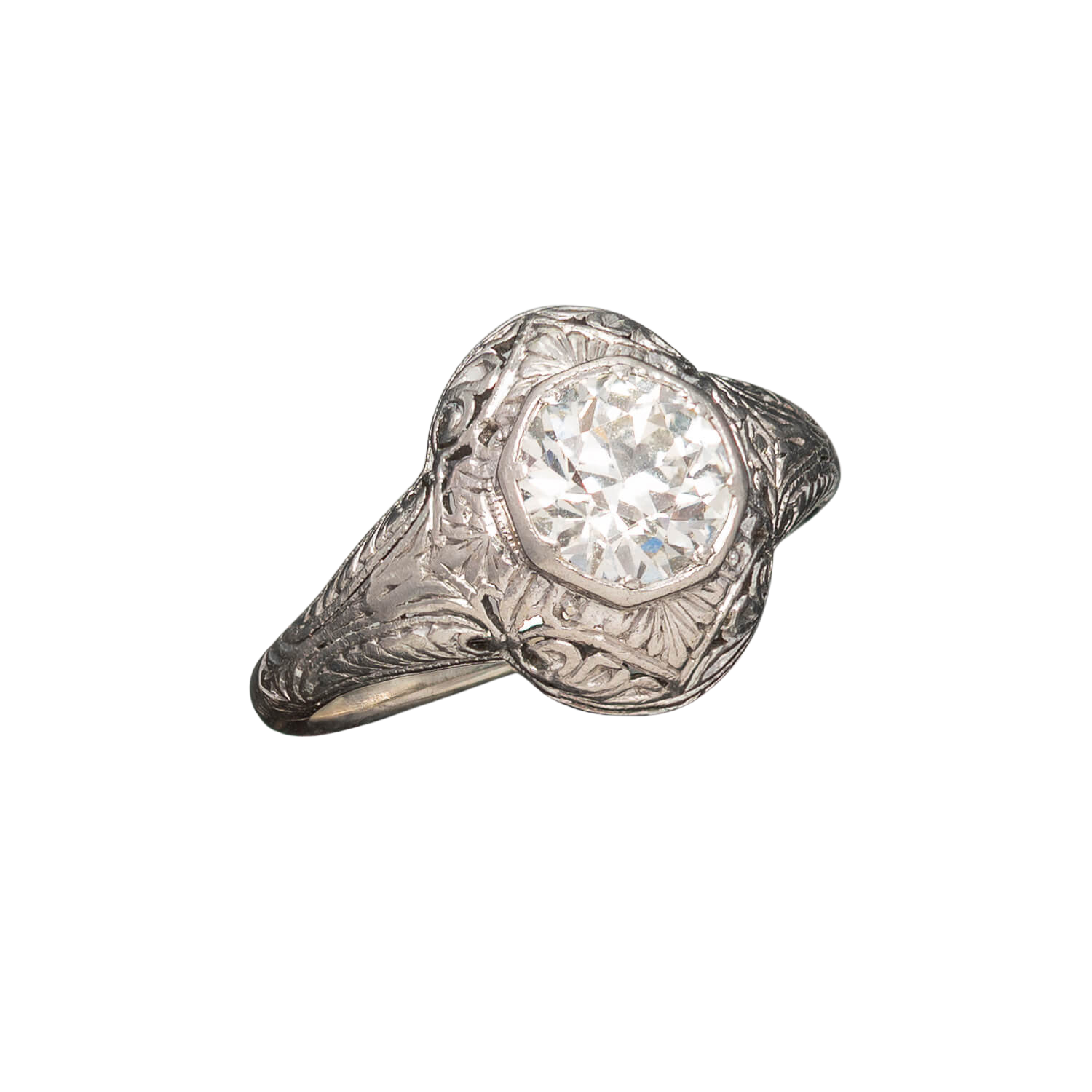 Edwardian 14kt White Gold + Old European Cut Diamond Engagement Ring 1.18ctw