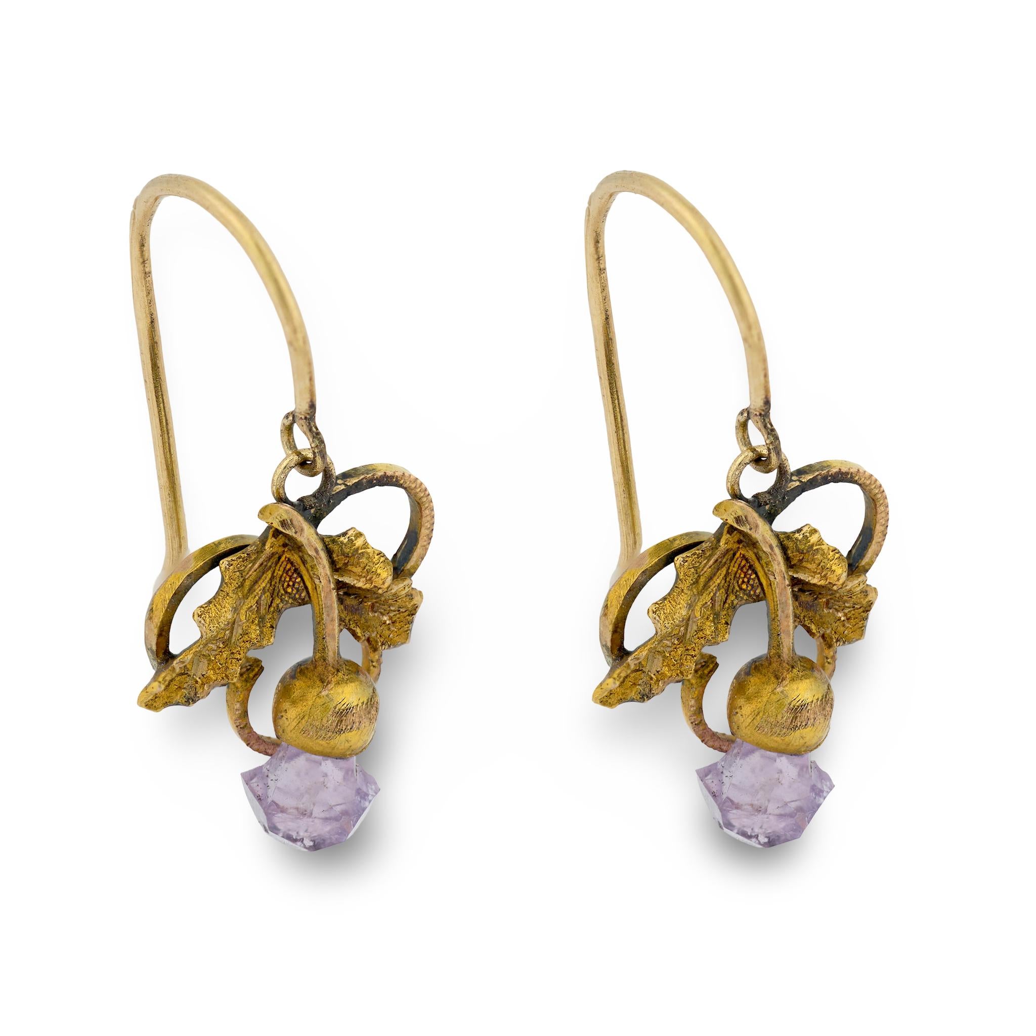 Victorian 14k Amethyst Trefoil & Foliage Motif Earrings