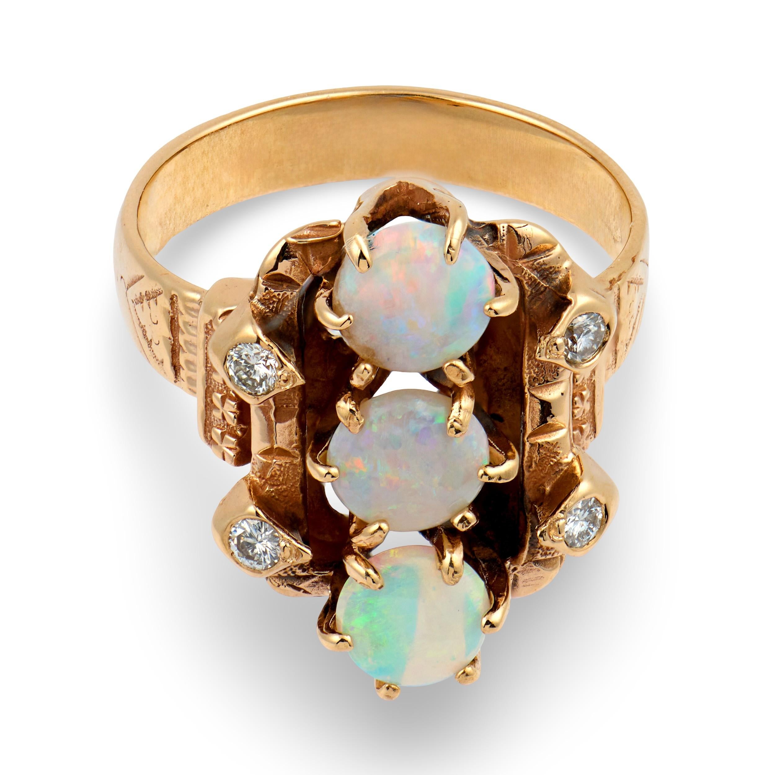 Art Nouveau 14k Opal & Diamond Navette Ring