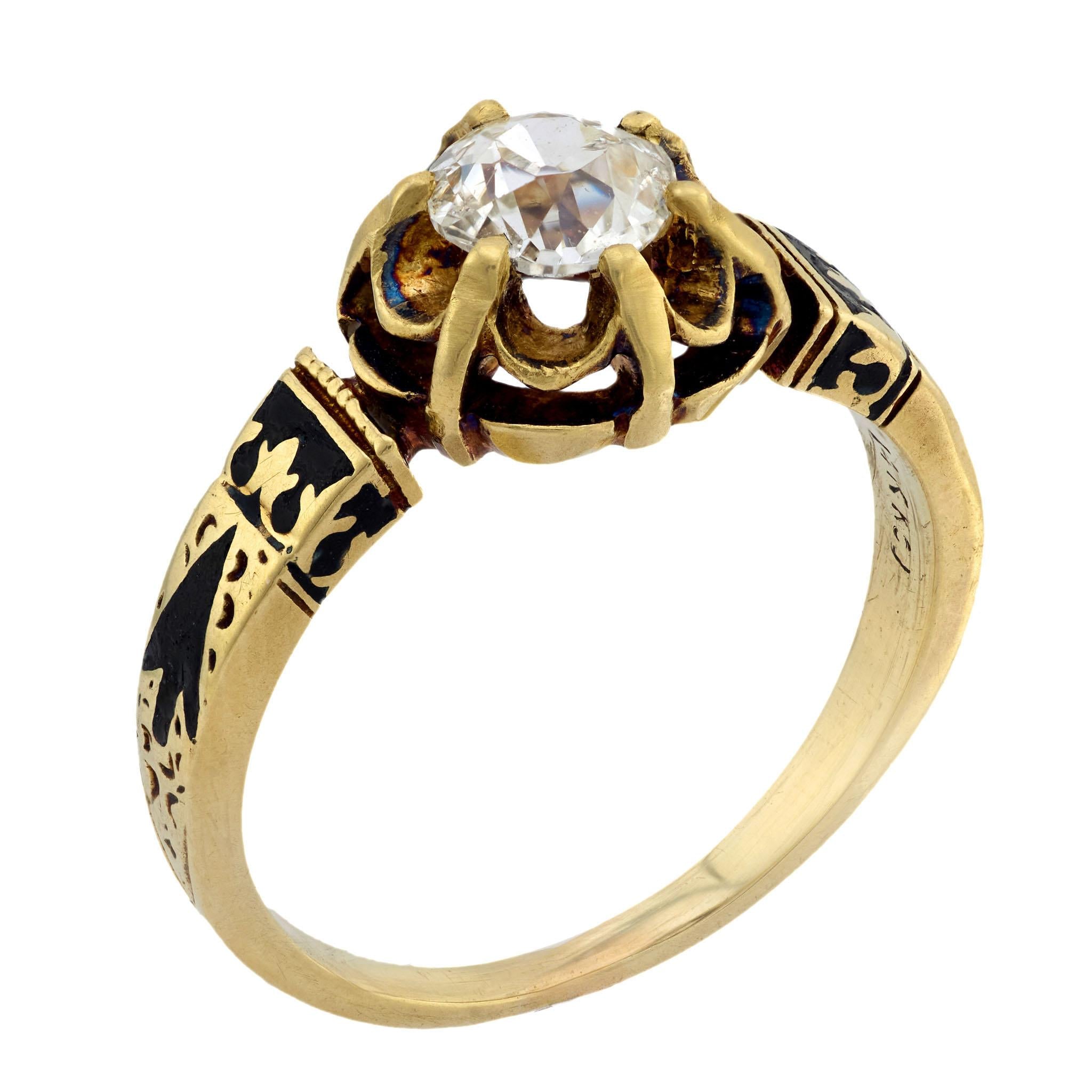 Victorian 14k Diamond and Enamel Engagement Ring 0.70ct