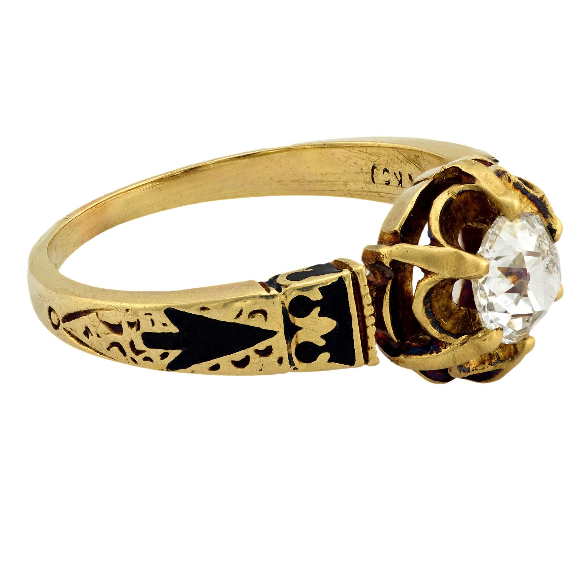 Victorian 14k Diamond and Enamel Engagement Ring 0.70ct