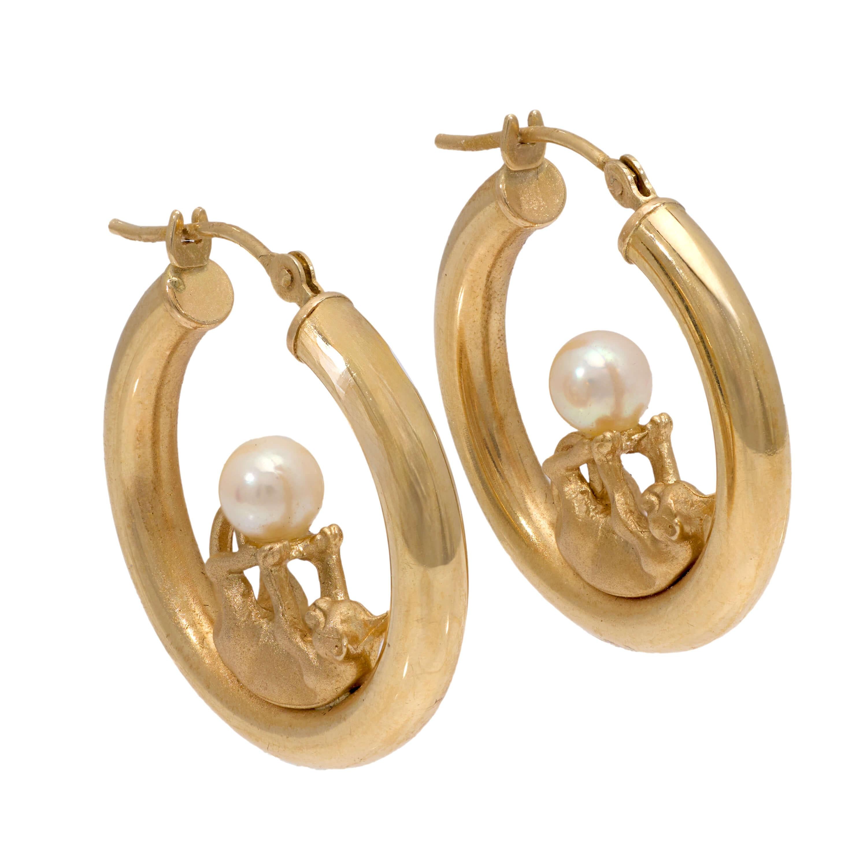Estate 14k Pearl Cat Motif Hoop Earrings