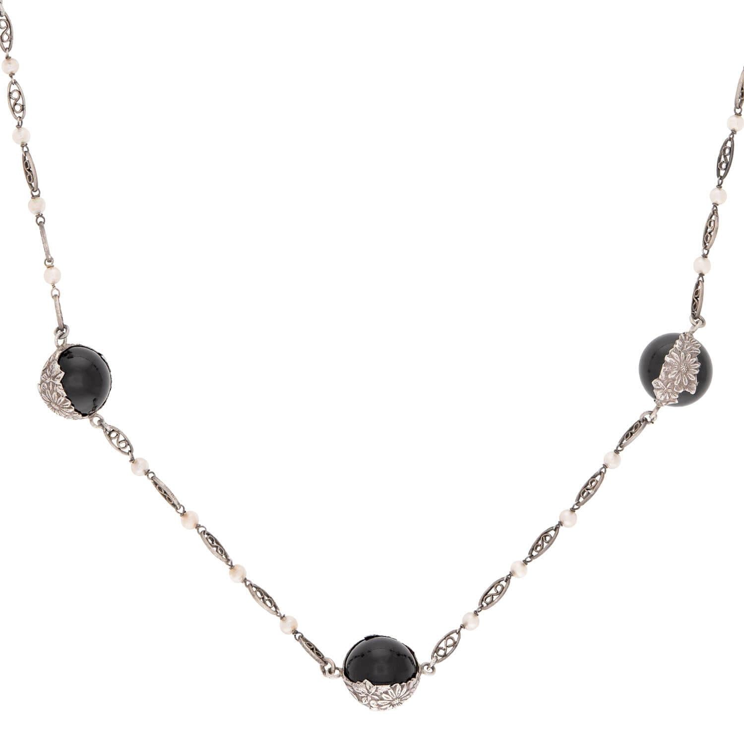 Art Deco Sterling Silver Onyx Pools Of Light Chain Necklace 31"
