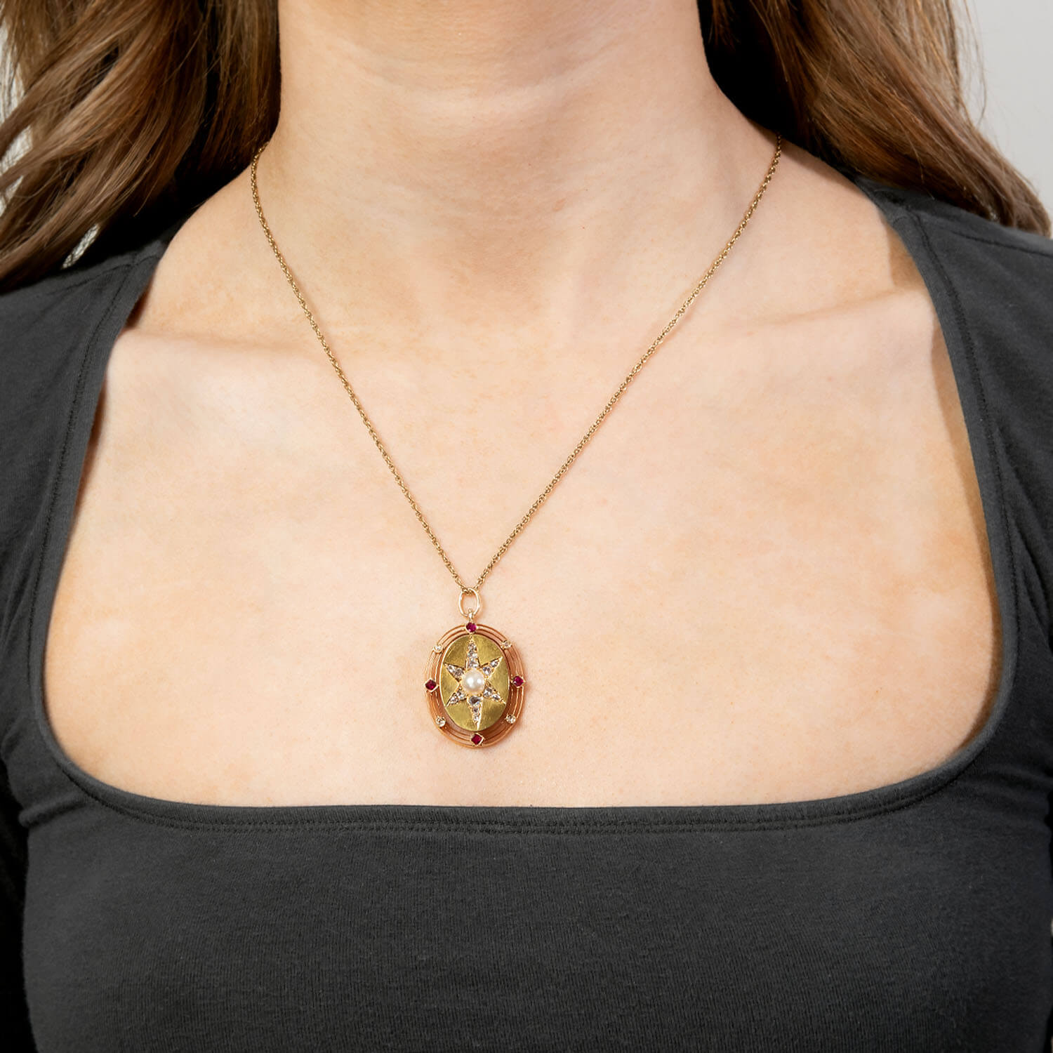 Victorian 14k Diamond, Ruby & Pearl Starburst Pendant