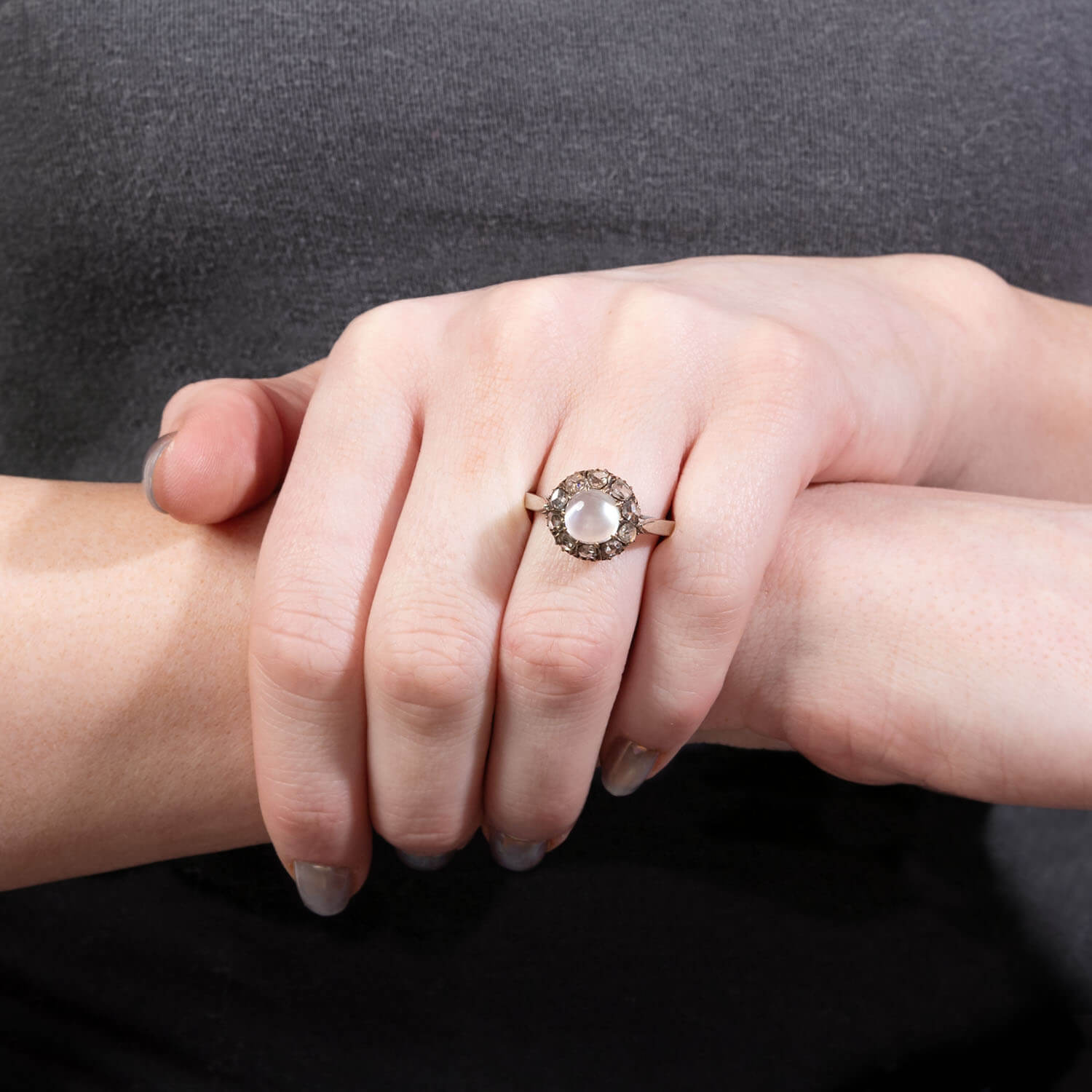 Victorian 14k/Sterling Silver Moonstone and Diamond Halo Ring