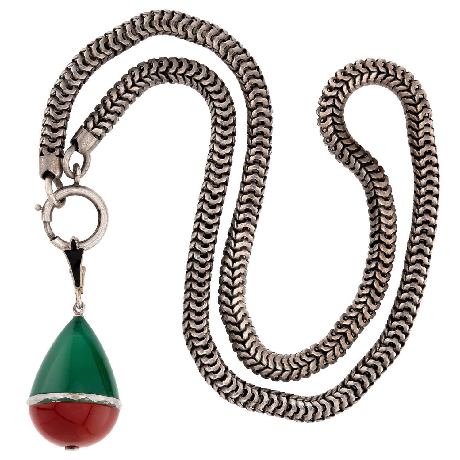 Victorian Sterling Silver Chrysoprase, Crystal, and Carnelian Pendant Necklace