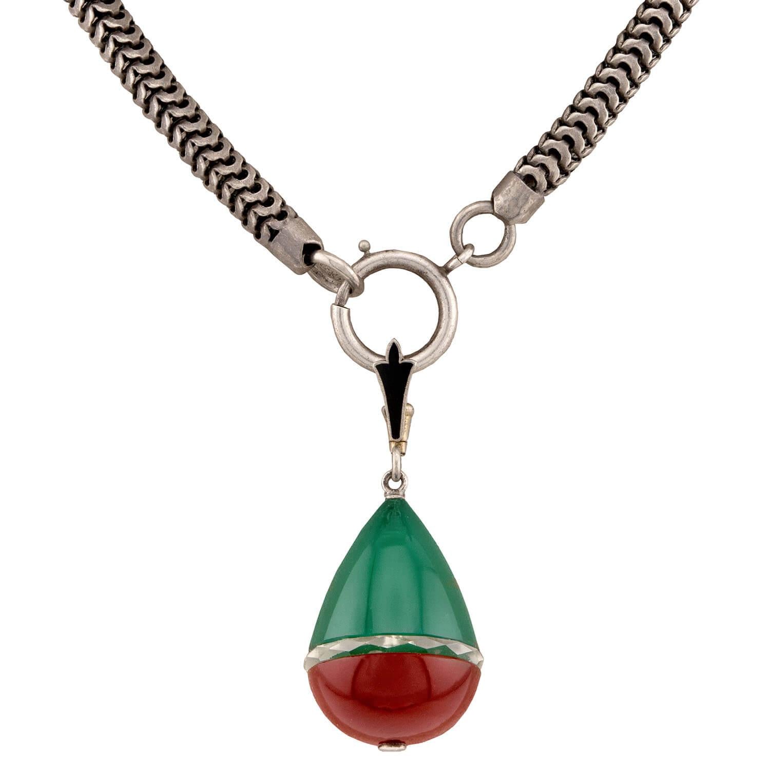 Victorian Sterling Silver Chrysoprase, Crystal, and Carnelian Pendant Necklace
