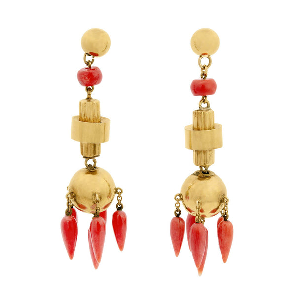 Victorian 18K Natural Coral Chandelier Earrings