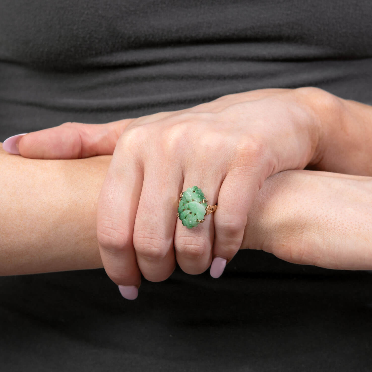 Art Nouveau 14k Carved Jade Ring