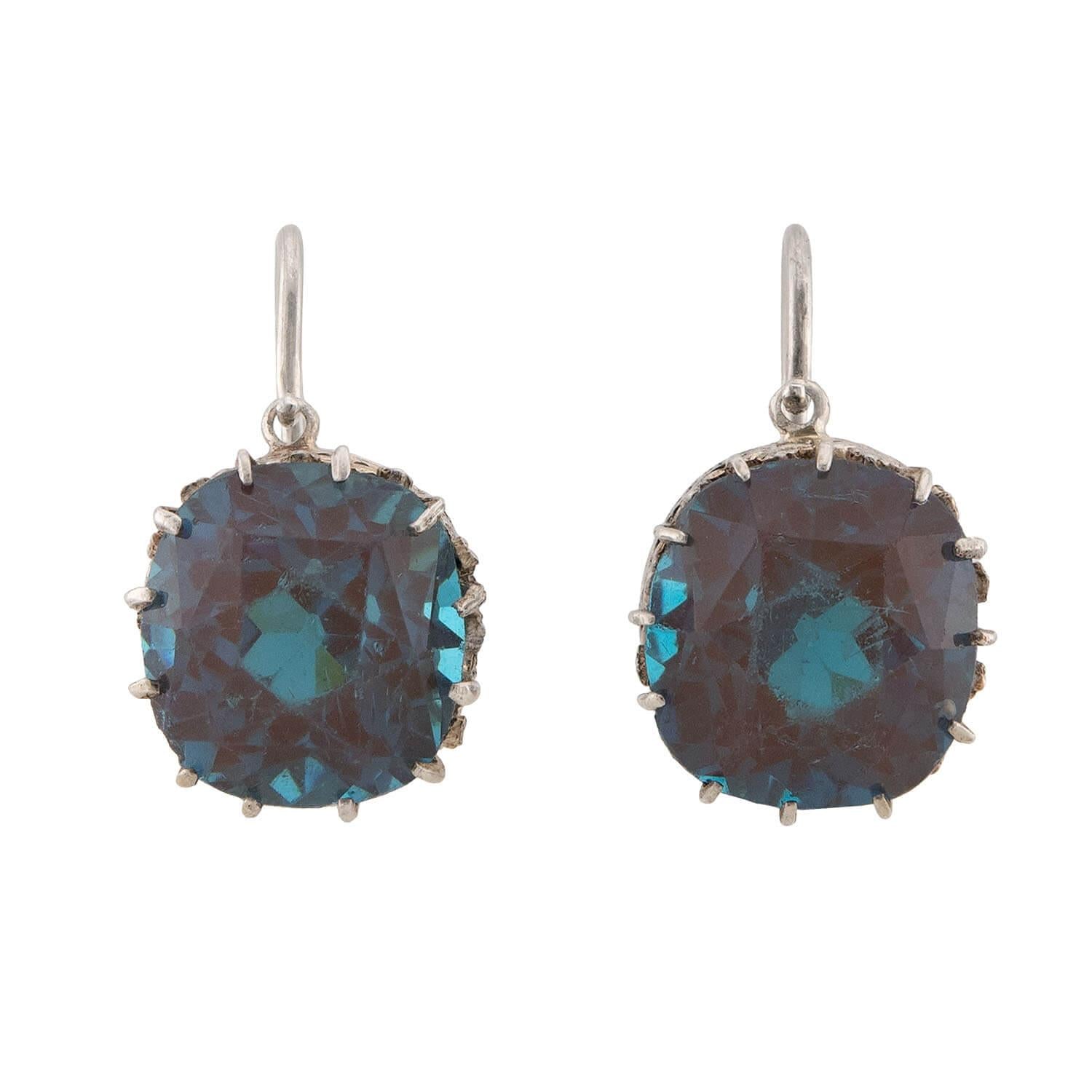 Edwardian Sterling Silver Saphiret Glass Earring & Pendant Set