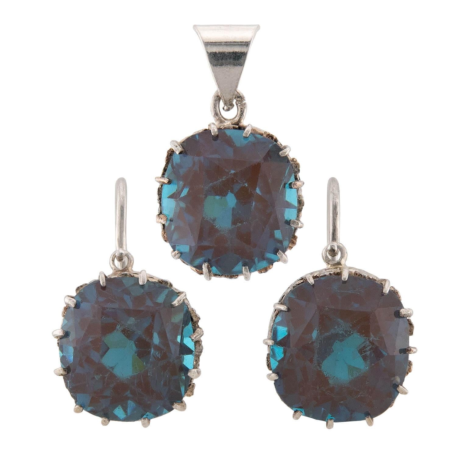 Edwardian Sterling Silver Saphiret Glass Earring & Pendant Set