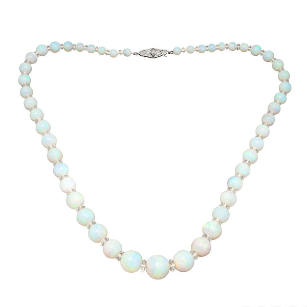 Edwardian 14k Graduated Opal and Crystal Bead Necklace w/Diamond Clasp