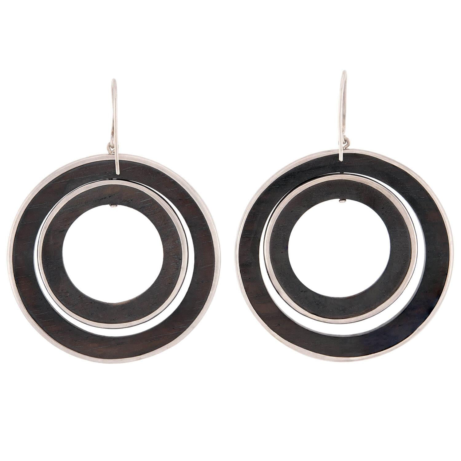 Vintage Sterling Silver & Wood Double Hoop Earrings
