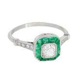 Edwardian Platinum Diamond & Emerald Halo Engagement Ring .60ct