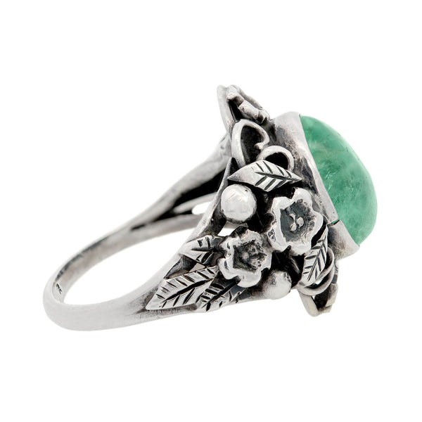 Art Nouveau Sterling Silver Emerald Cabochon Floral Motif Ring