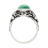Art Nouveau Sterling Silver Emerald Cabochon Floral Motif Ring