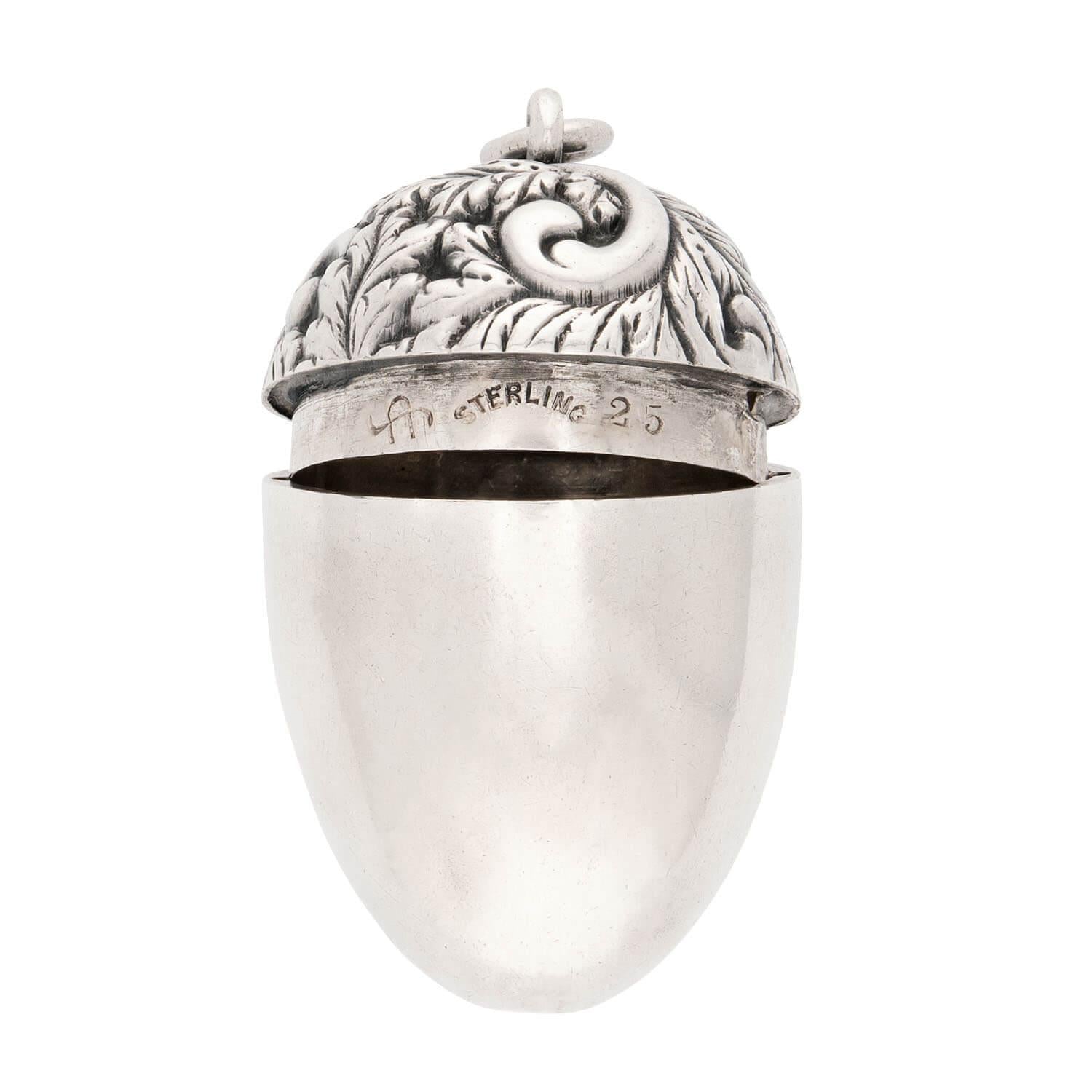 Victorian Sterling Silver Repoussé Acorn Compartment Pendant Necklace