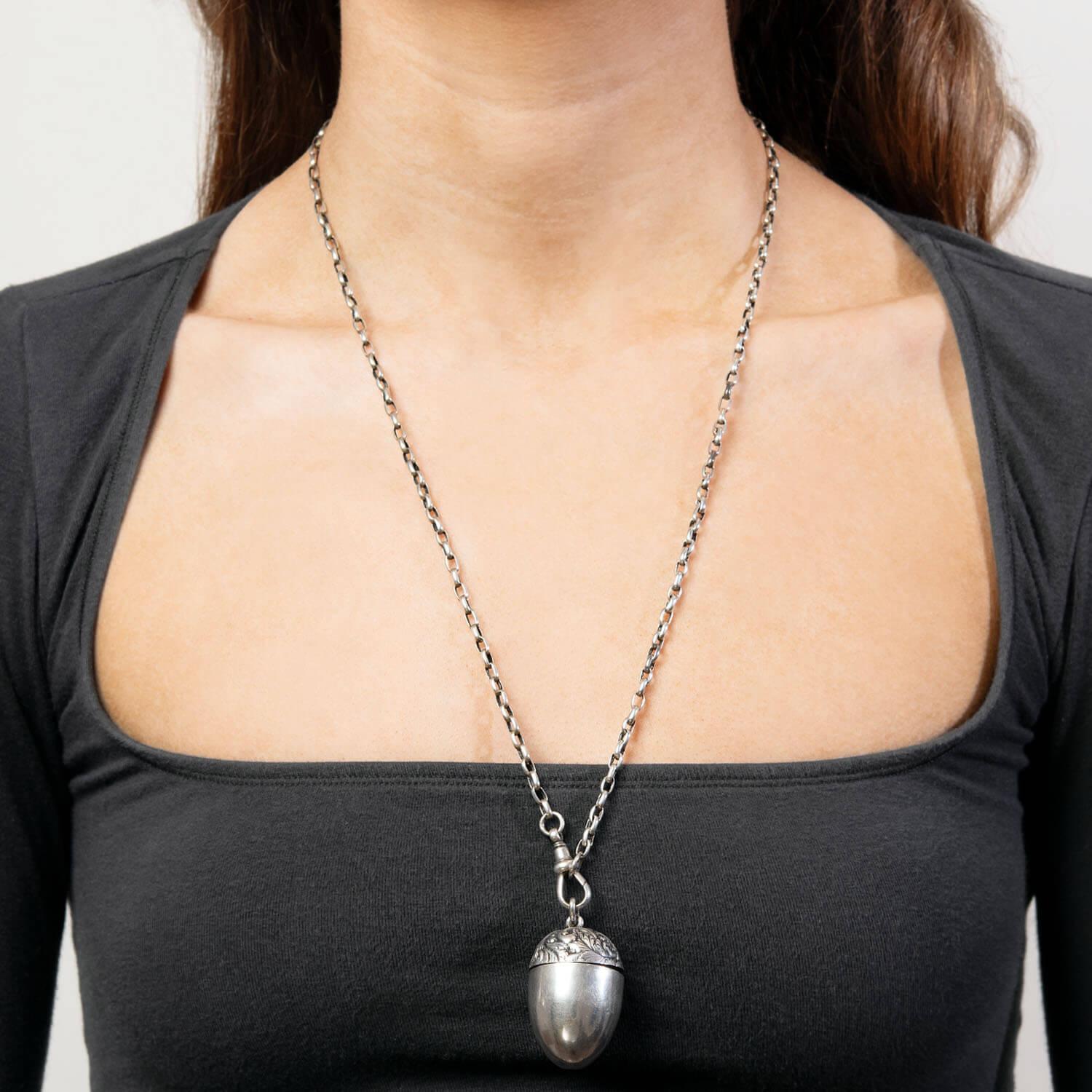 Victorian Sterling Silver Repoussé Acorn Compartment Pendant Necklace