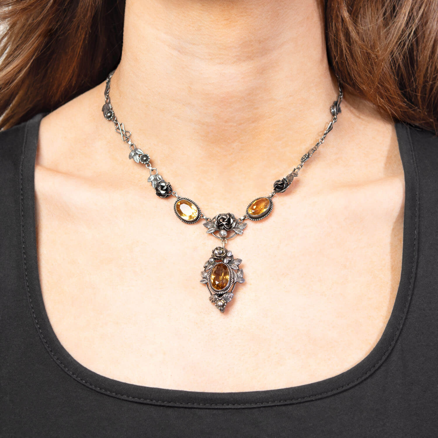 PERUZZI Art Nouveau Sterling Silver Citrine Floral Necklace