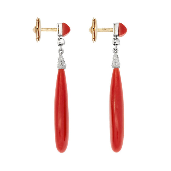 Art Deco Platinum and 18k Oxblood Coral and Diamond Drop Earring